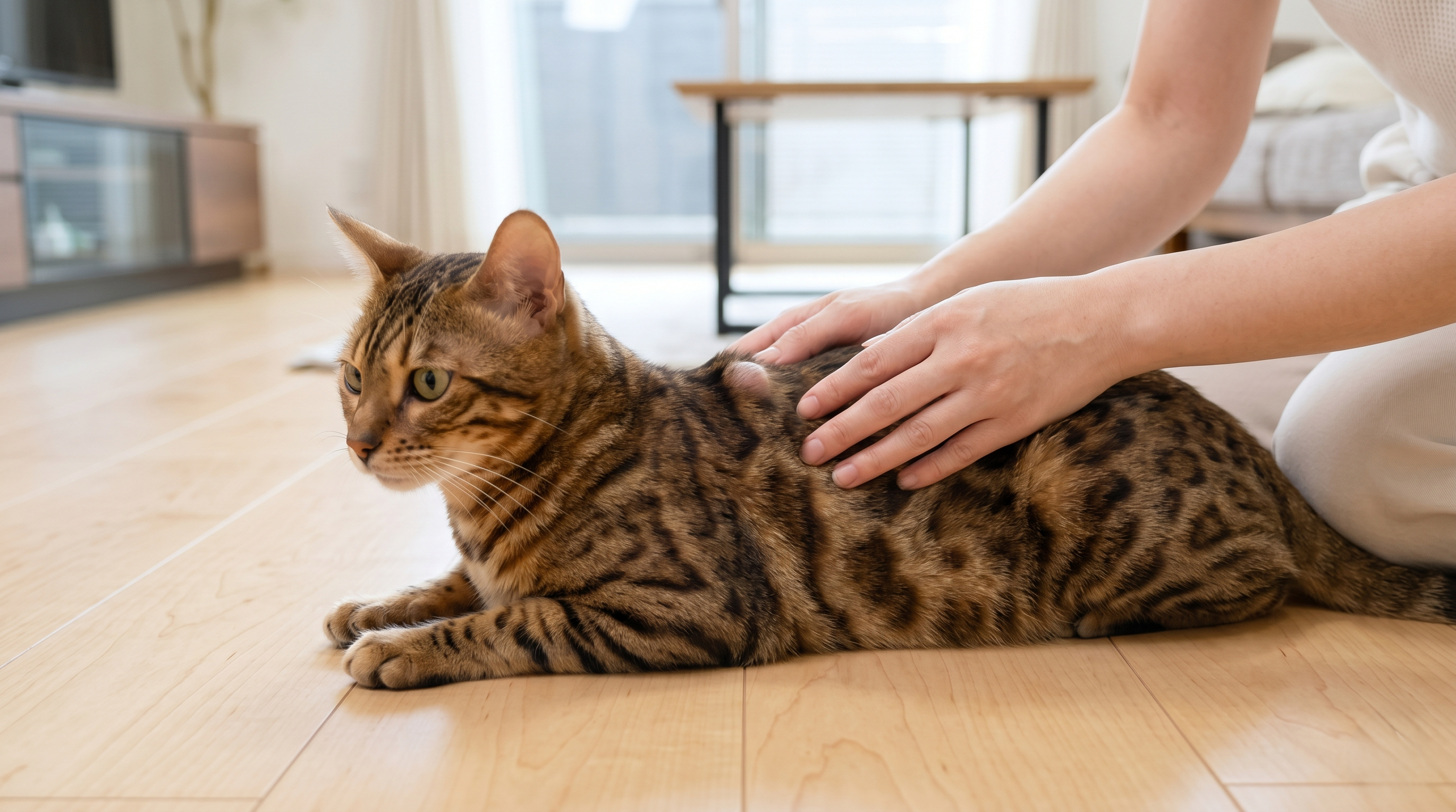 猫の皮下しこりを確認する飼い主と動物病院で診察を受ける猫（実写風）