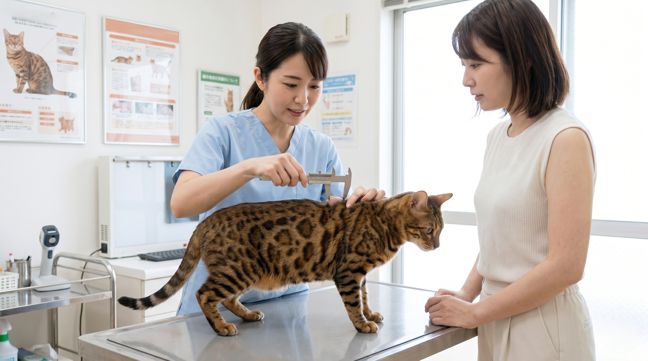 動物病院で猫の腫瘍切除手術を行う獣医師チーム（実写風）