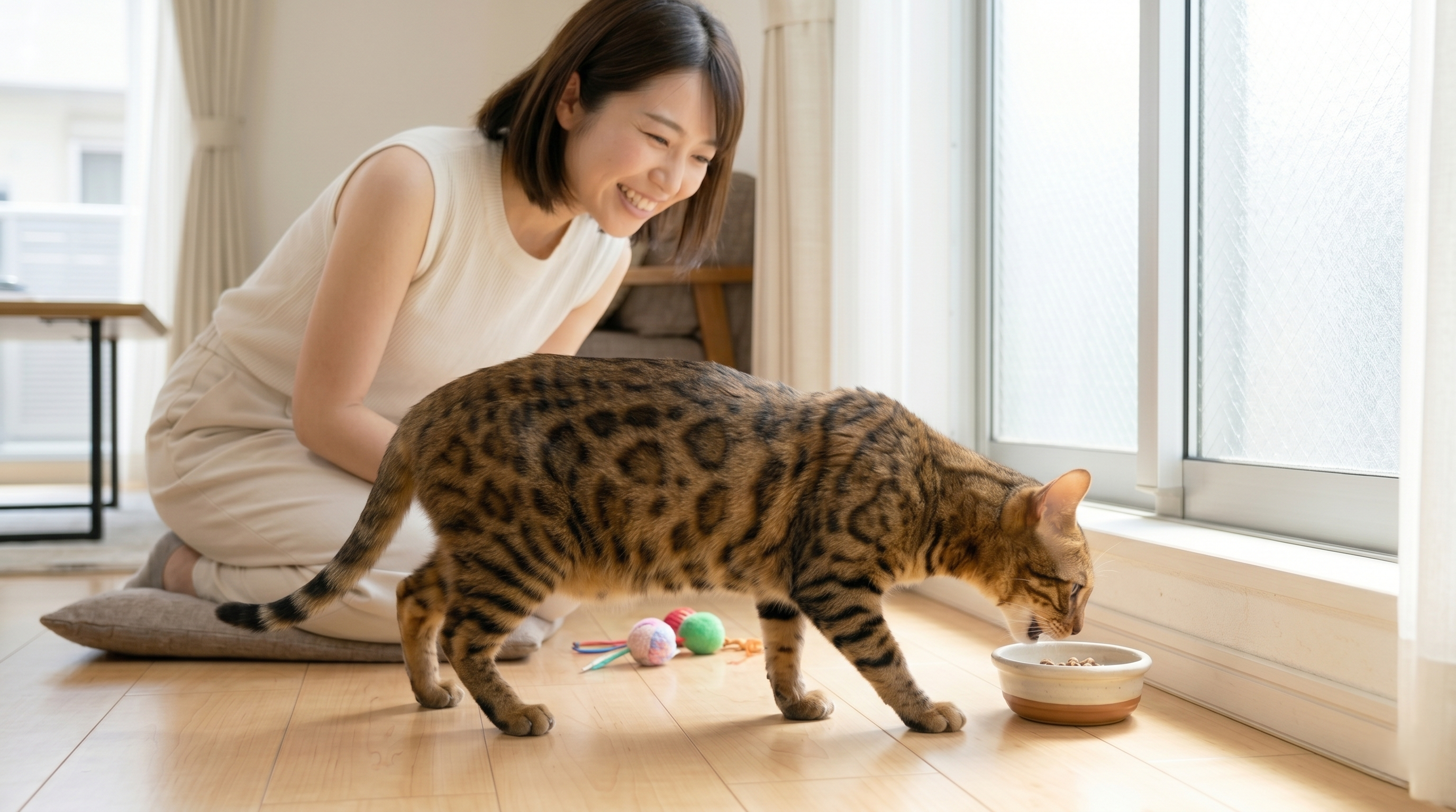 動物病院で手術後の猫の状態を確認する獣医師と安堵した飼い主（実写風）