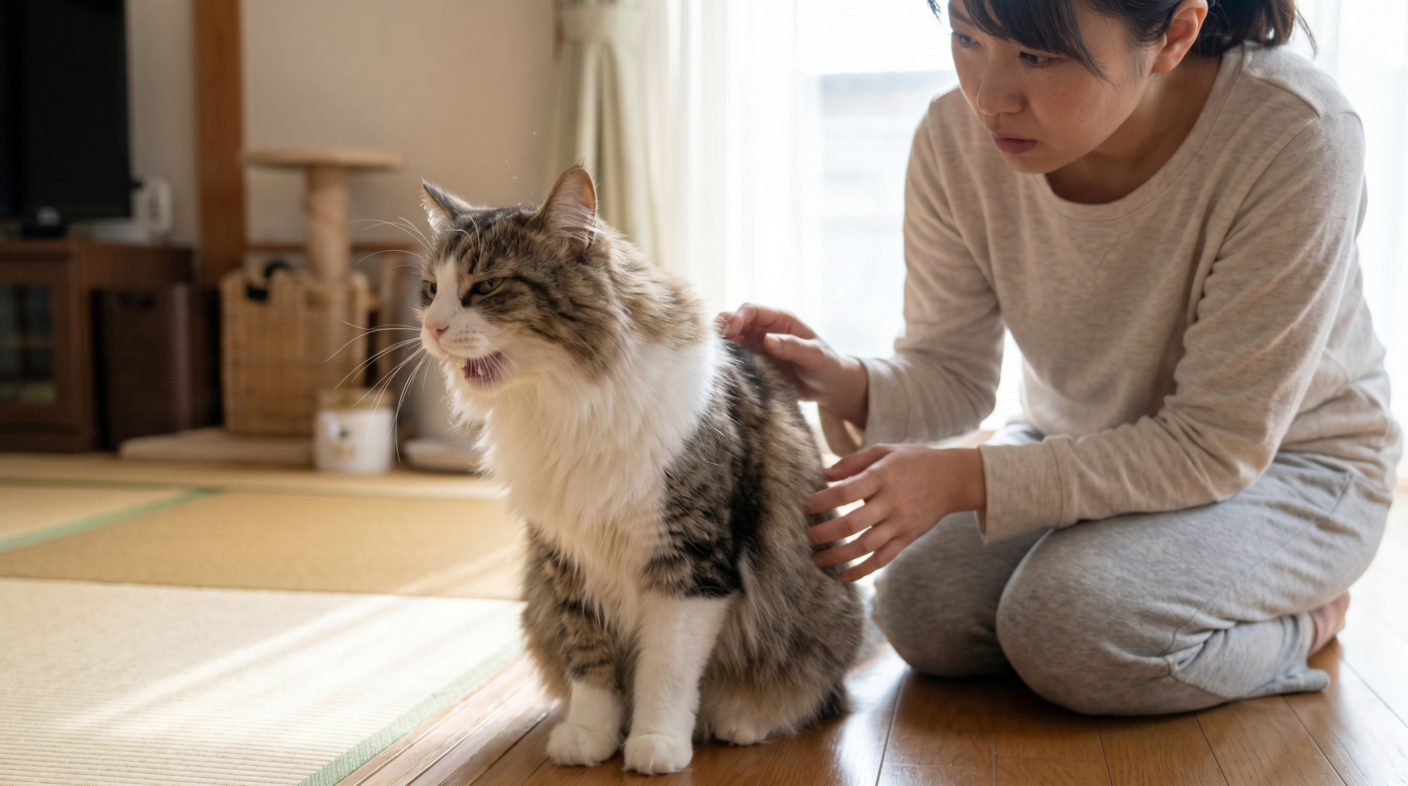 咳をして呼吸が苦しそうにしている猫と心配する飼い主（実写風）