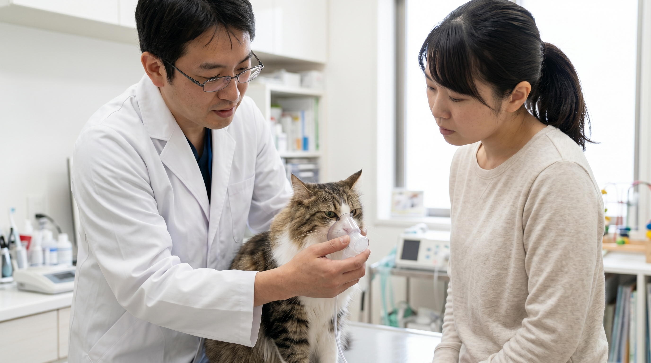 動物病院で胸部X線検査を受ける猫と結果を確認する獣医師（実写風）