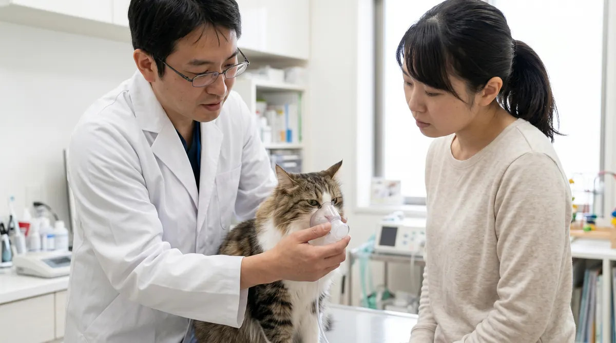 動物病院で胸部X線検査を受ける猫と結果を確認する獣医師（実写風）