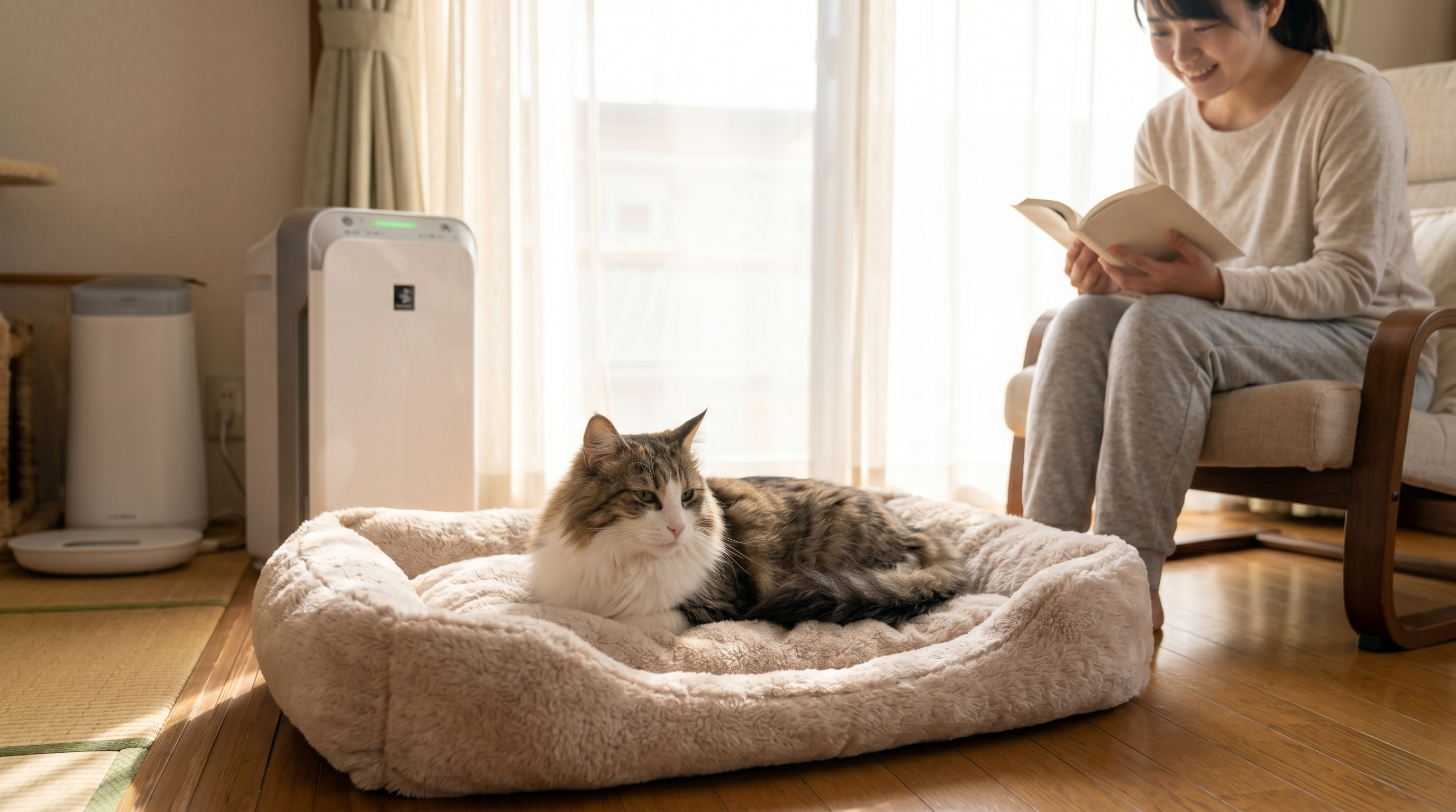 室内環境を改善して猫がくつろぐ清潔な部屋と安心した飼い主（実写風）