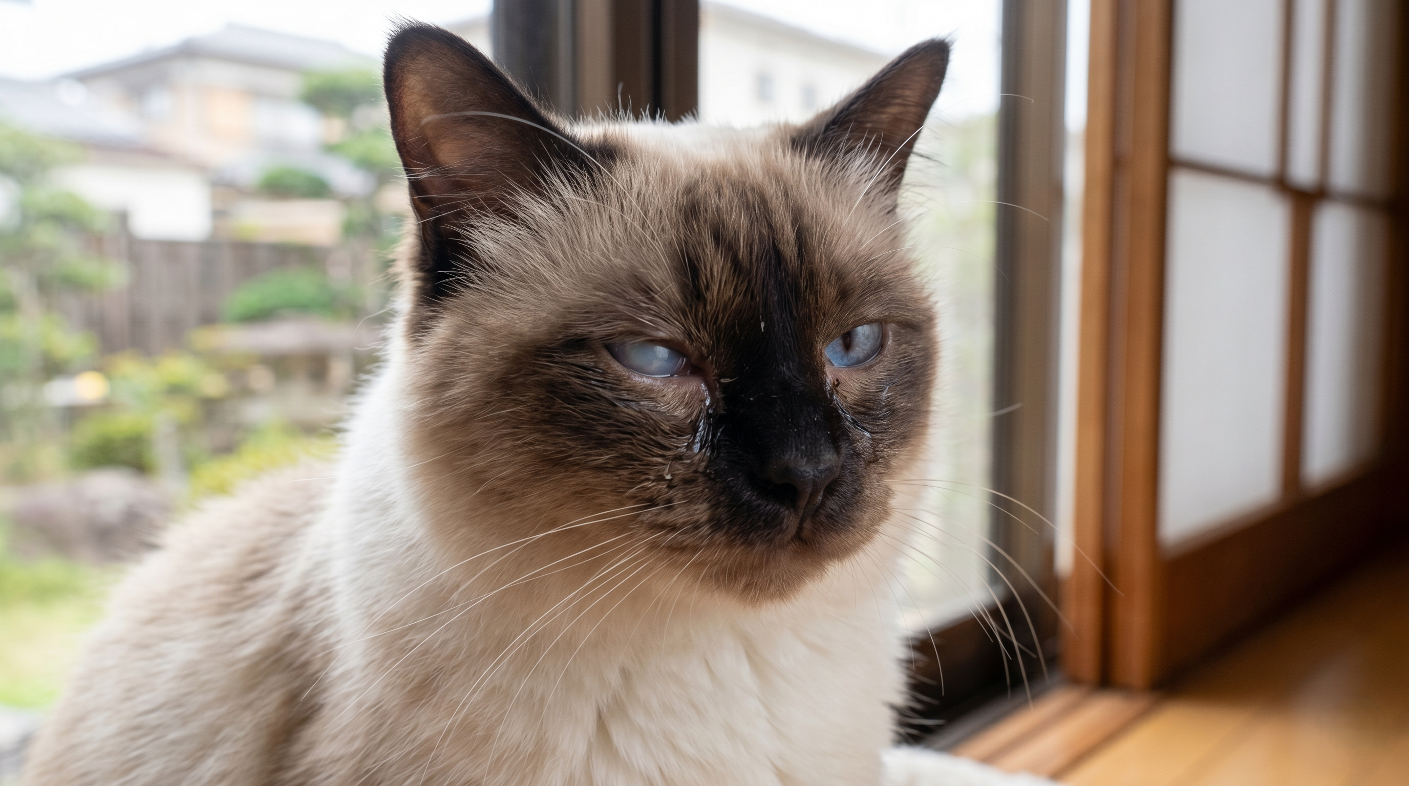 目をしょぼつかせて目やにが多い猫を動物病院へ連れて行く飼い主（実写風）