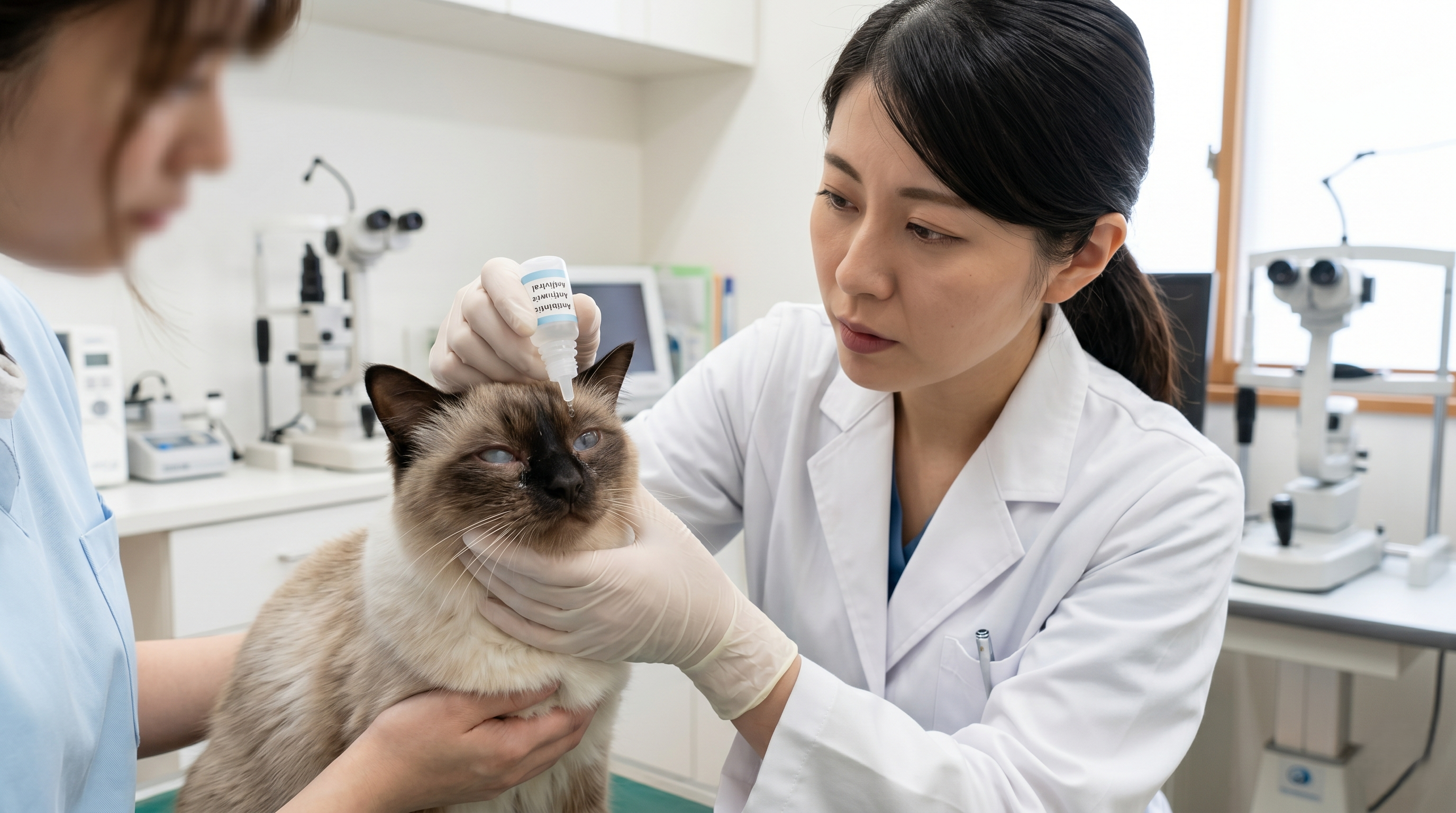 動物病院でスリットランプを使って猫の角膜を細かく検査する獣医師（実写風）