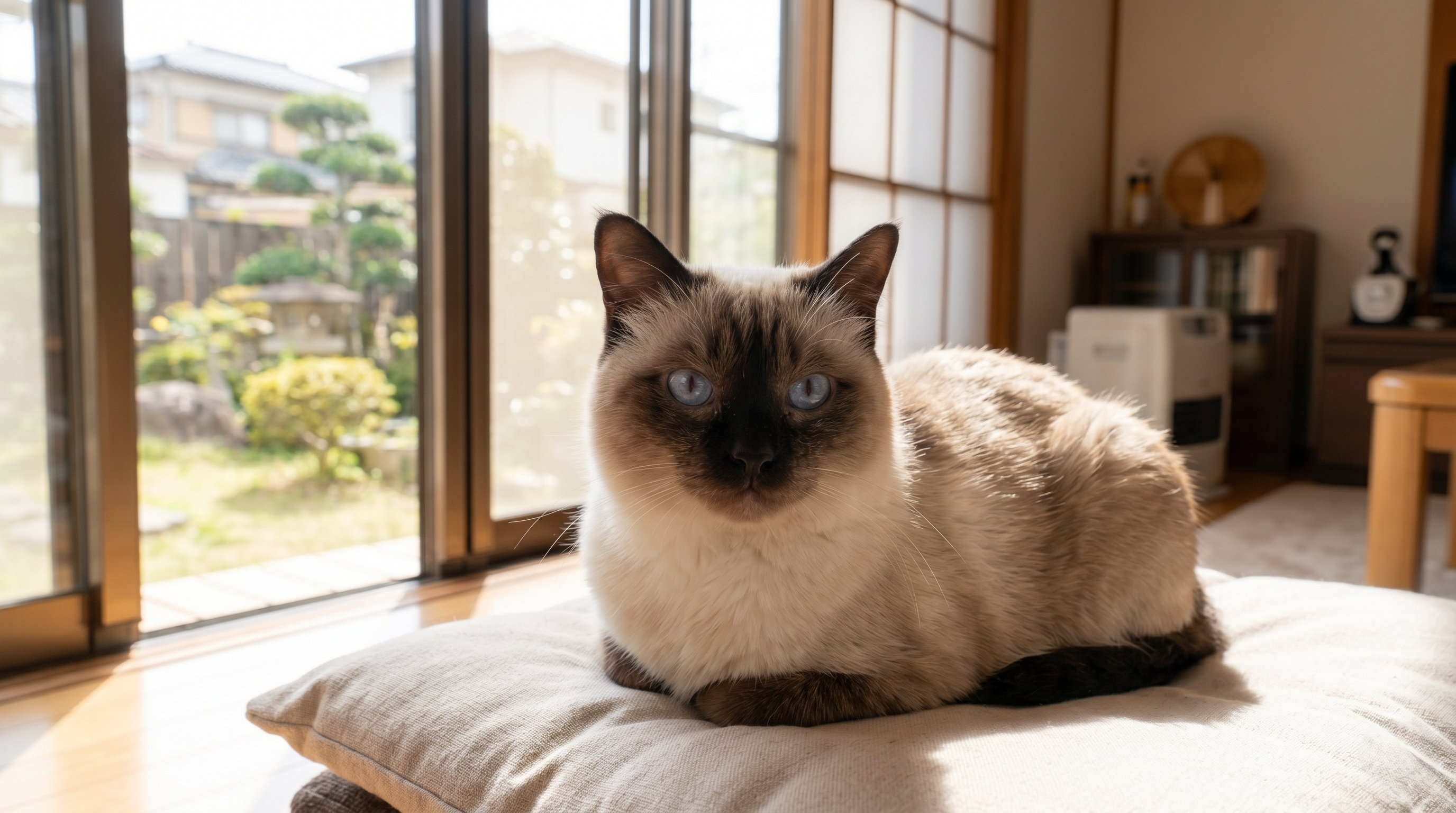 動物病院で眼科検診を受けた後に安心した表情の猫と飼い主（実写風）