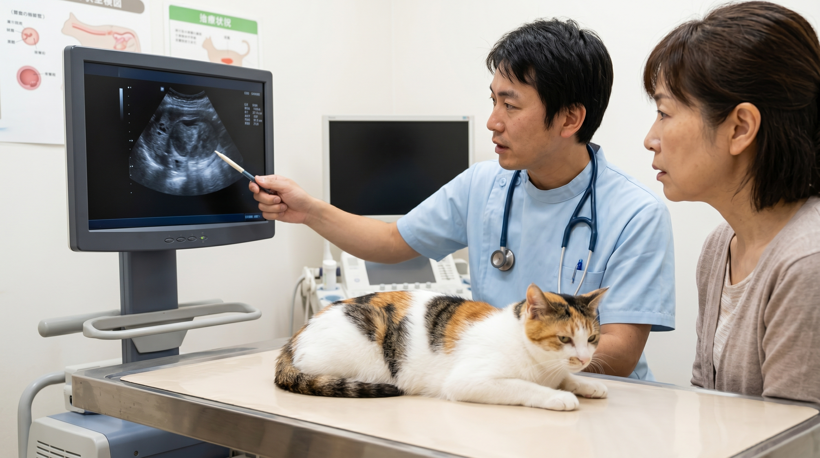 未避妊の猫の腹部を確認する獣医師（実写風）