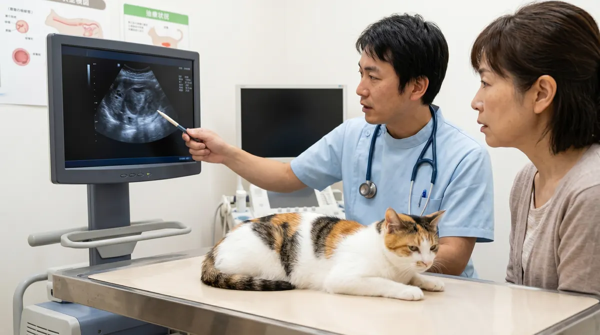 未避妊の猫の腹部を確認する獣医師（実写風）