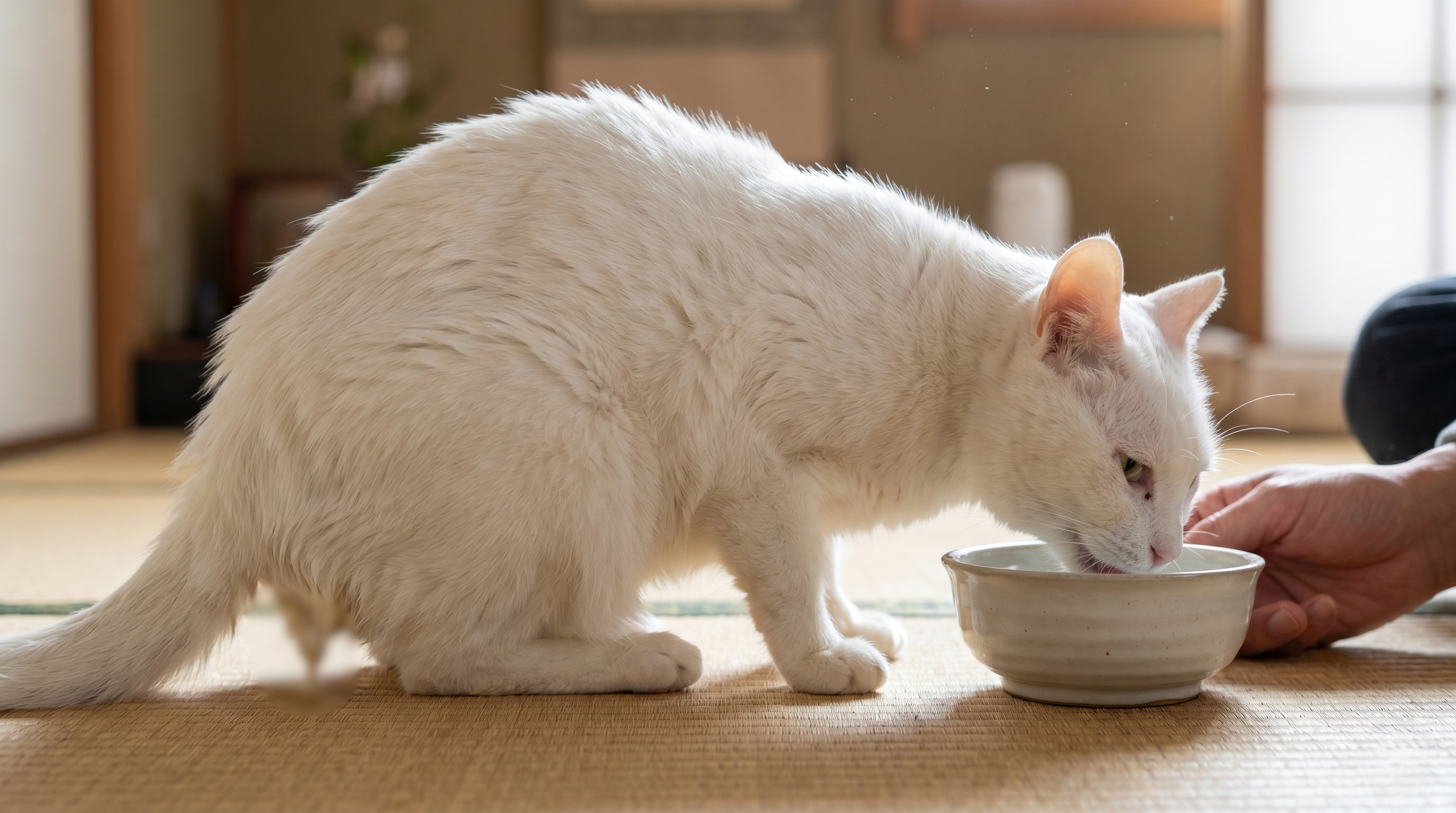 元気のない猫を心配そうに見る飼い主（実写風）