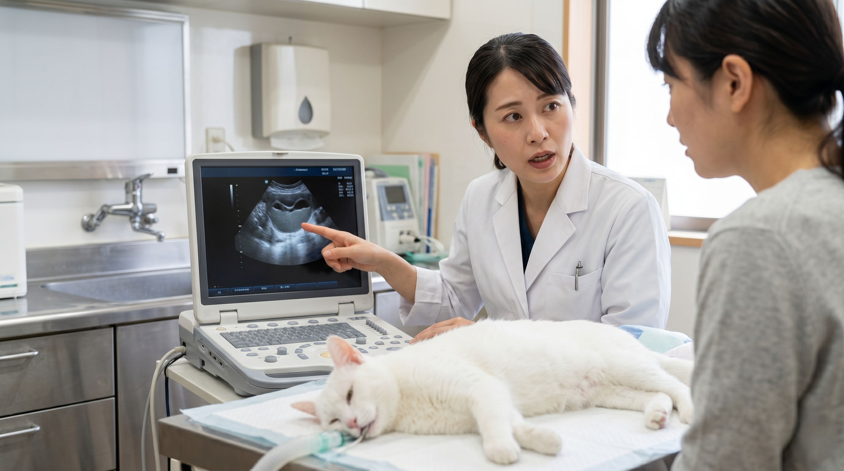 猫の腹部超音波検査を行う獣医師（実写風）