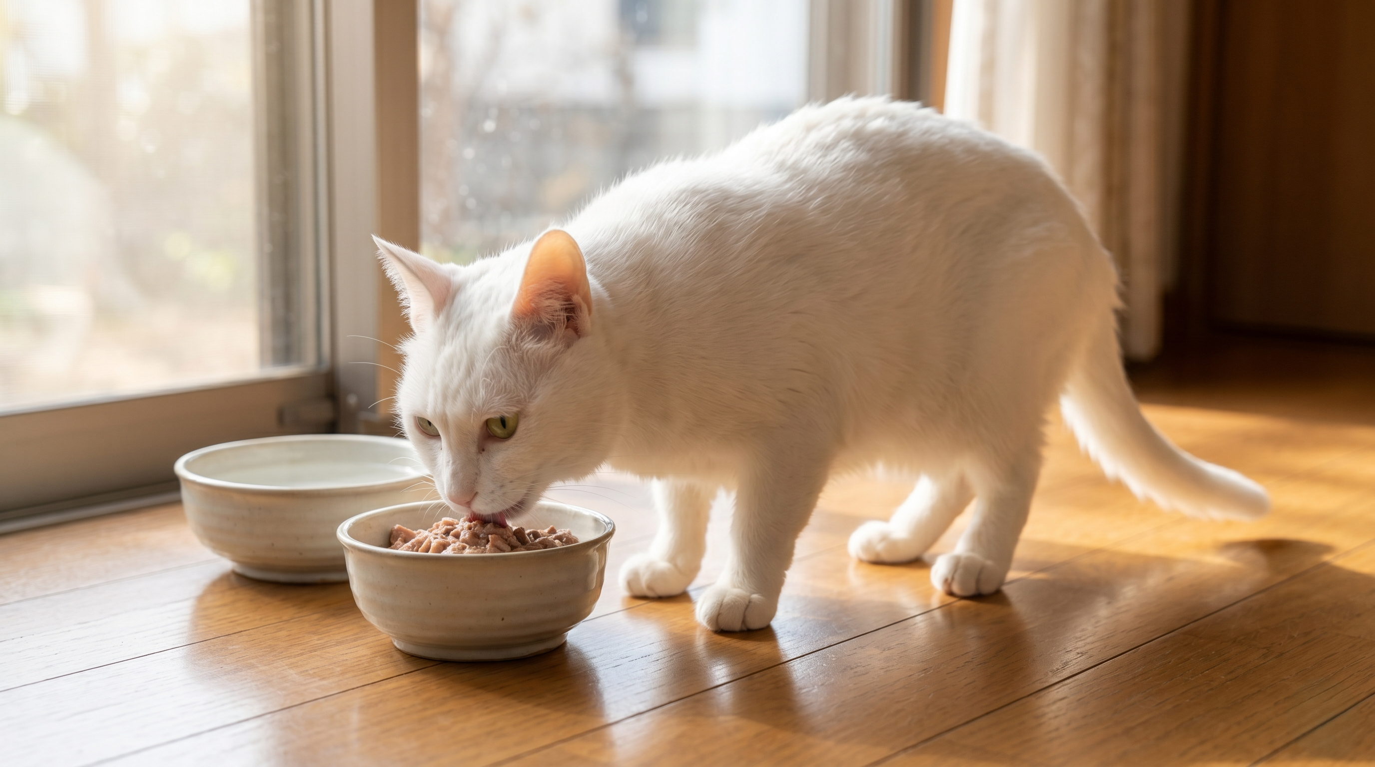 動物病院で回復する猫と安心した飼い主（実写風）