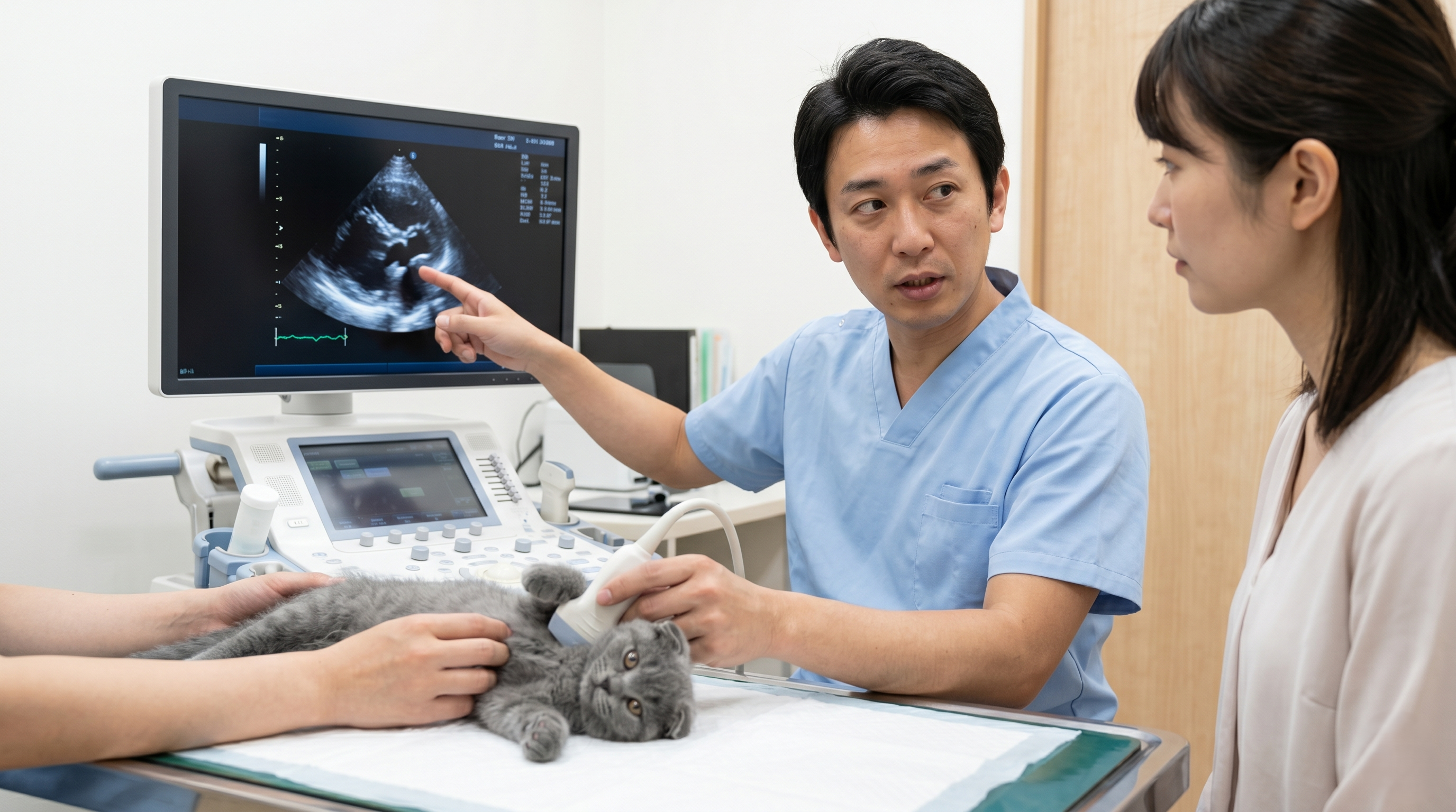 心臓の超音波検査（エコー）を受ける猫（実写風）