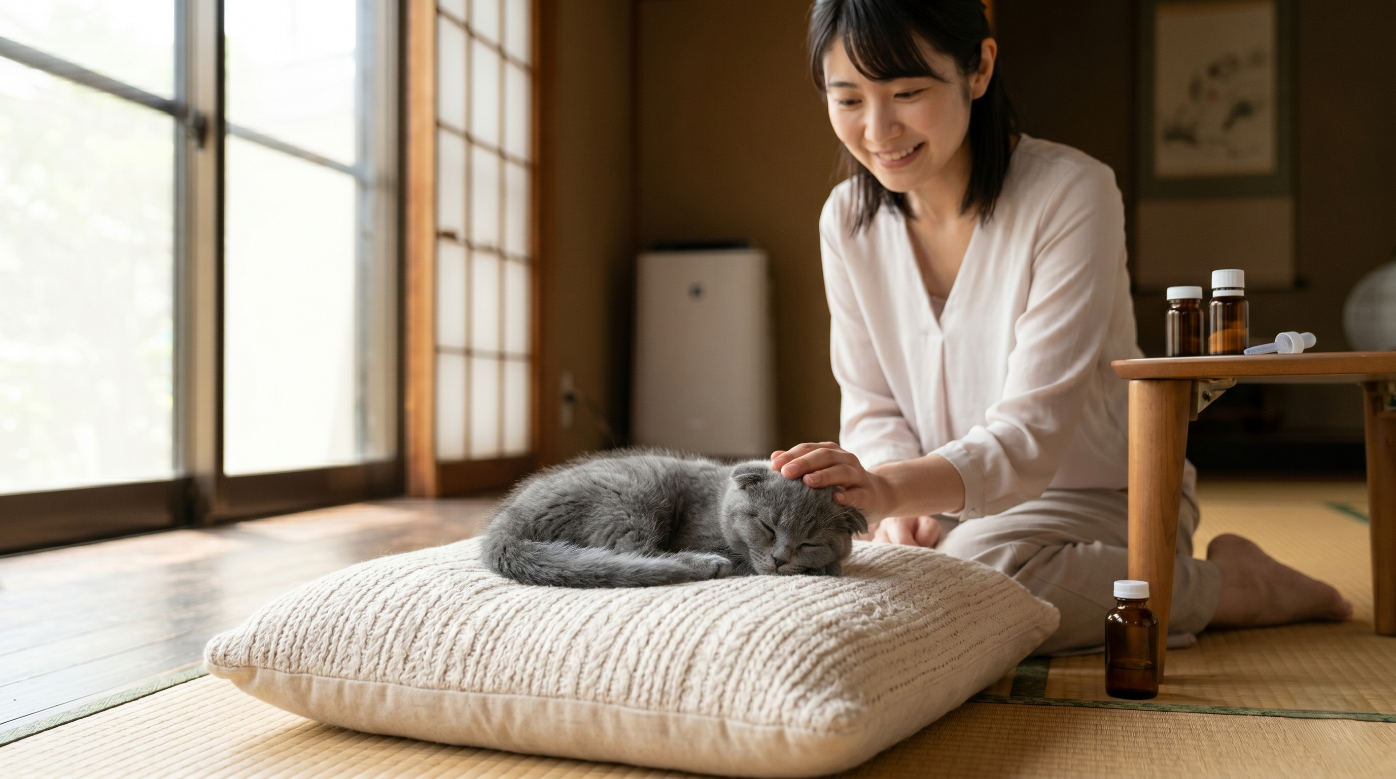 心臓病の猫と穏やかに過ごす飼い主（実写風）