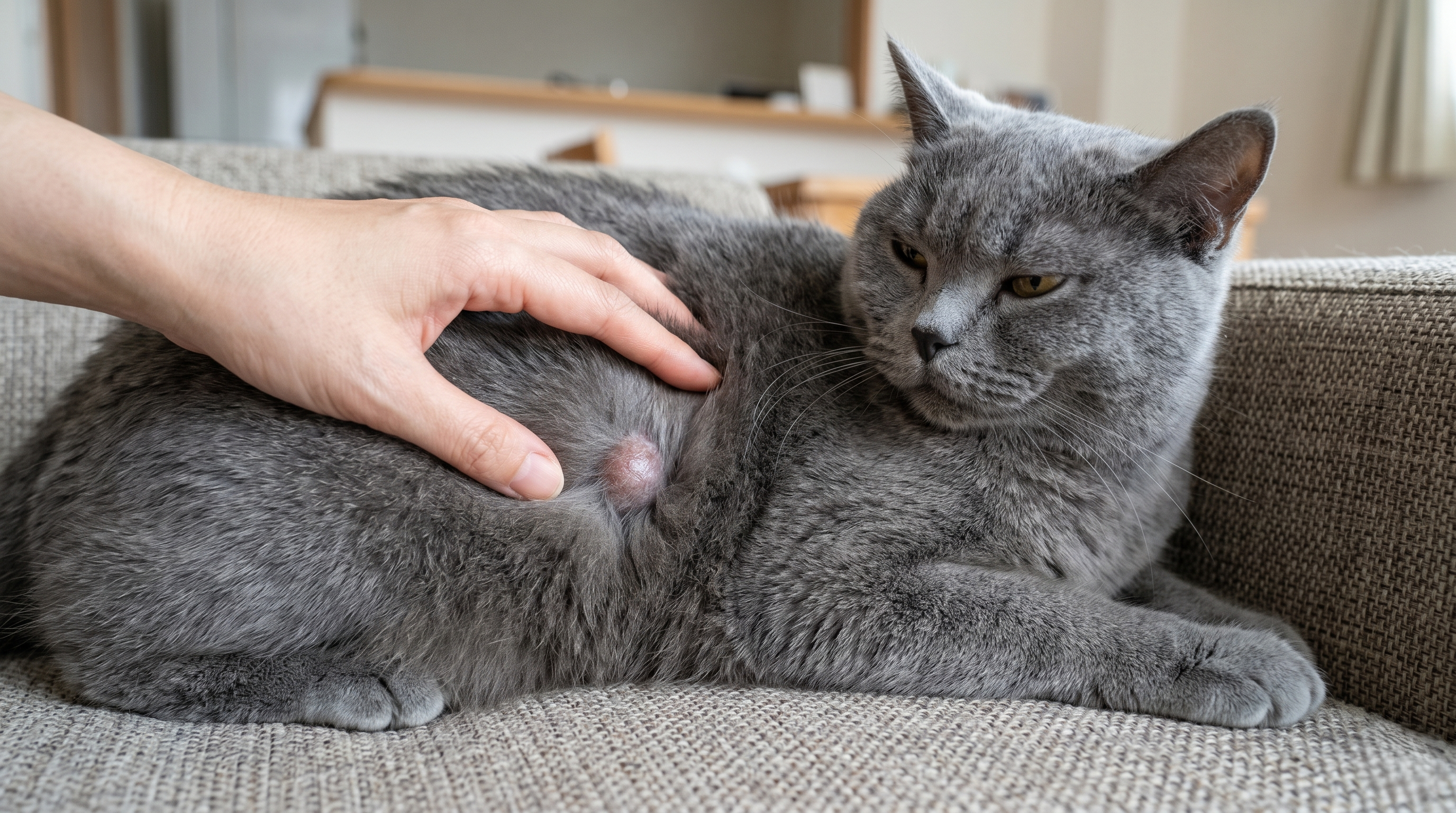 猫の皮下しこりを確認する獣医師（実写風）