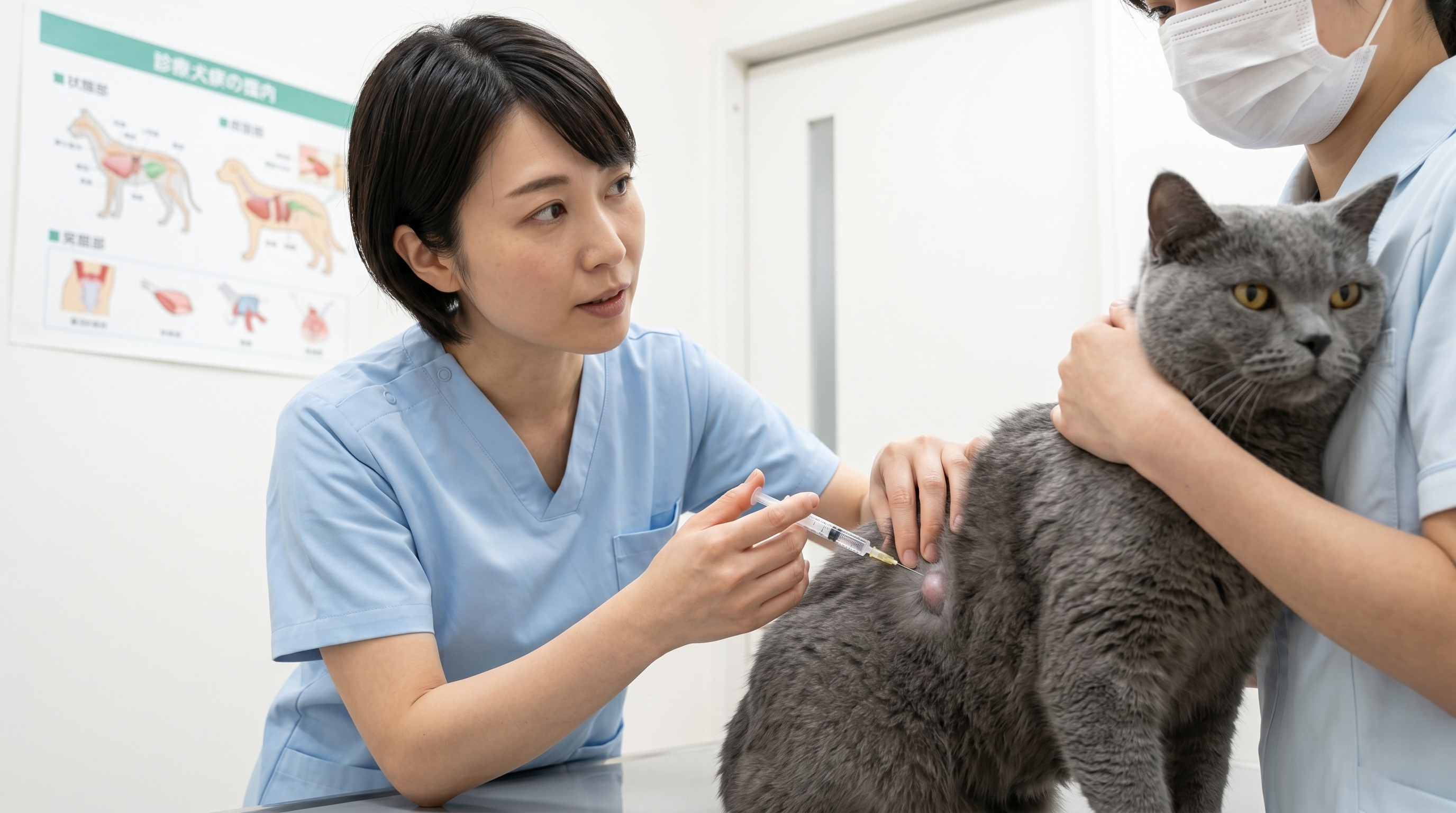 猫の皮膚生検を行う獣医師（実写風）