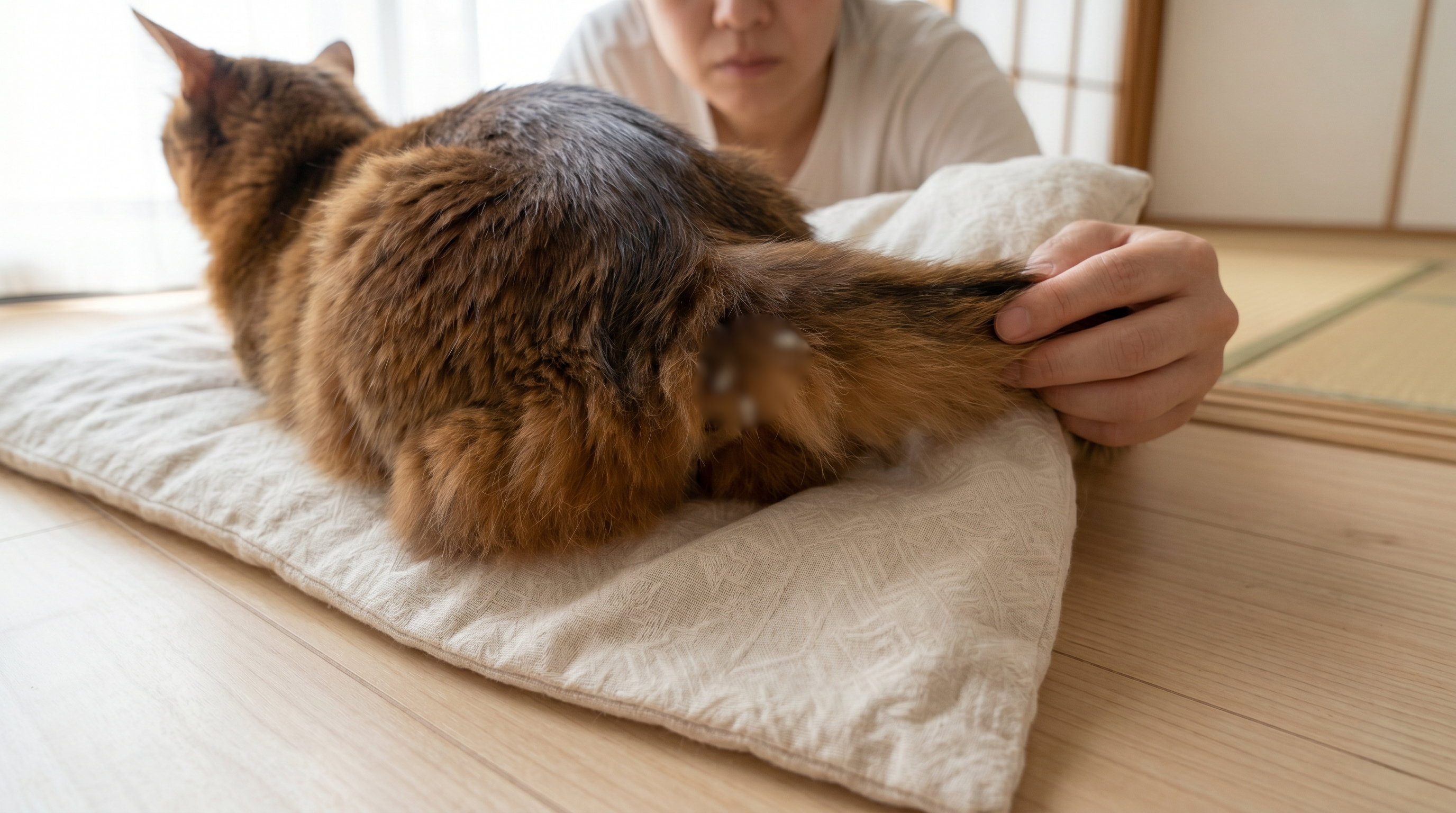 肛門周囲を気にする猫を観察する飼い主（実写風）