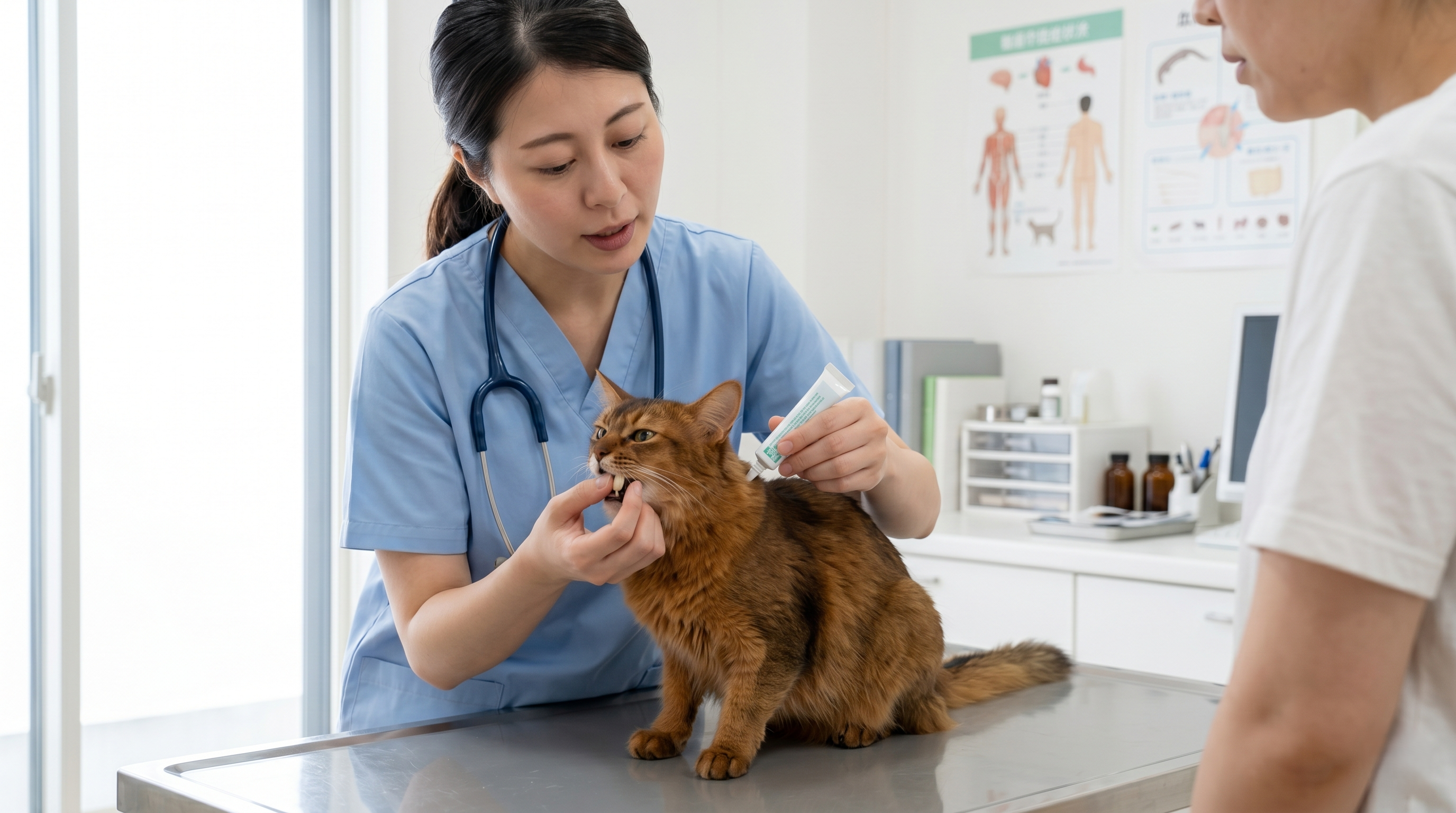 猫のノミ取りと健康管理をする飼い主（実写風）
