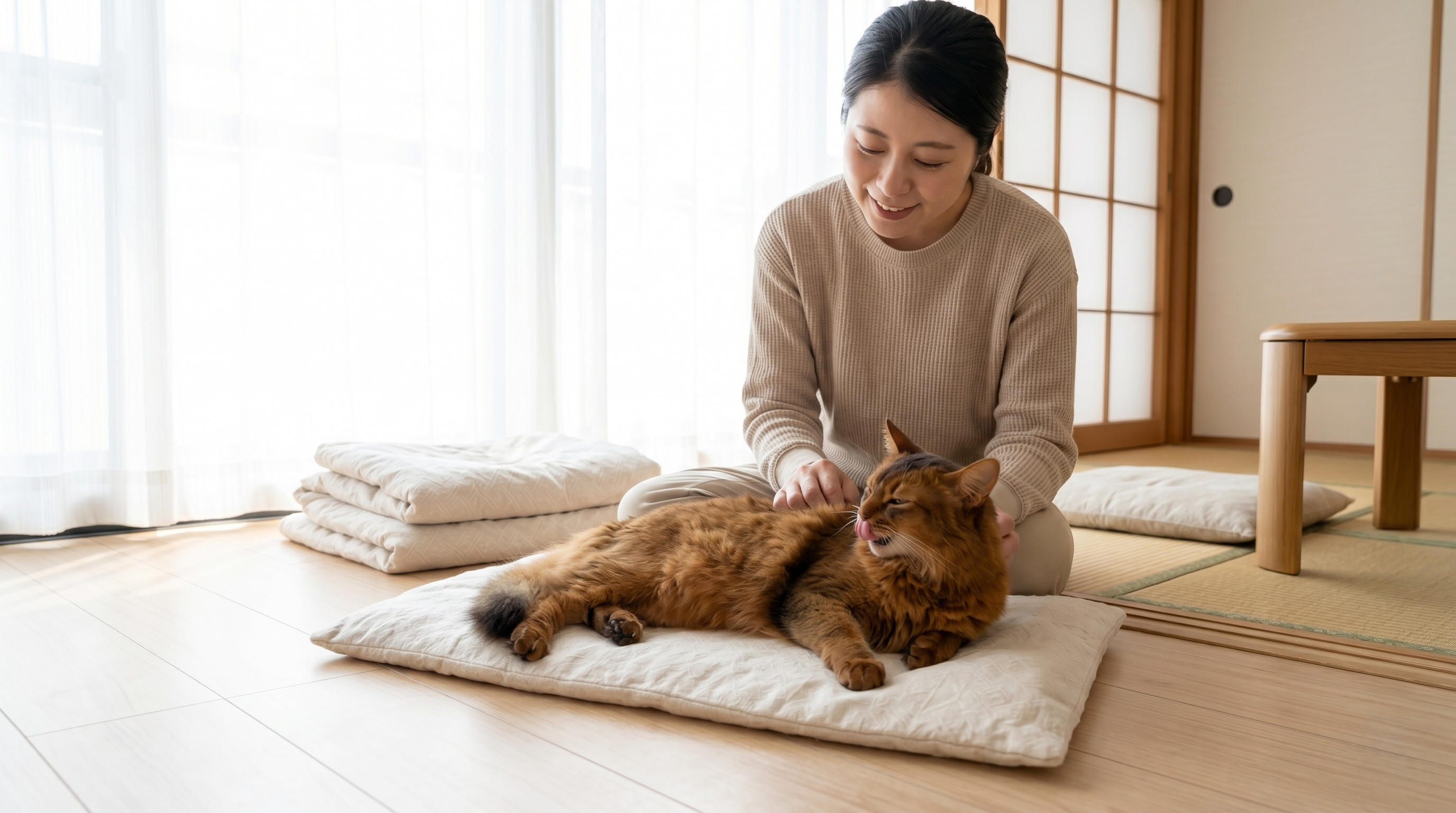 健康に過ごす猫と笑顔の飼い主（実写風）