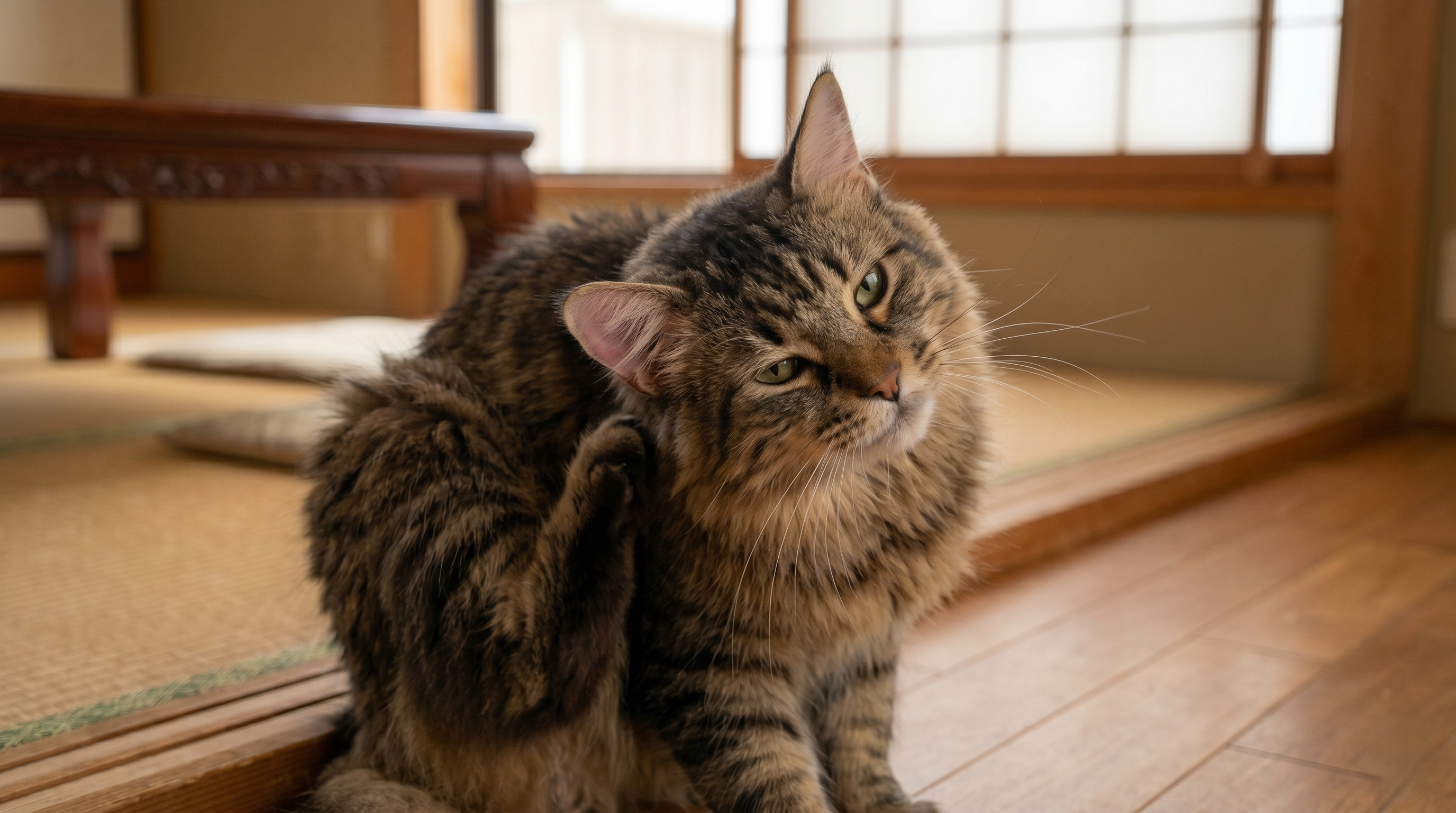 耳介が膨れた猫を日本人飼い主が心配そうに観察している様子（実写風）