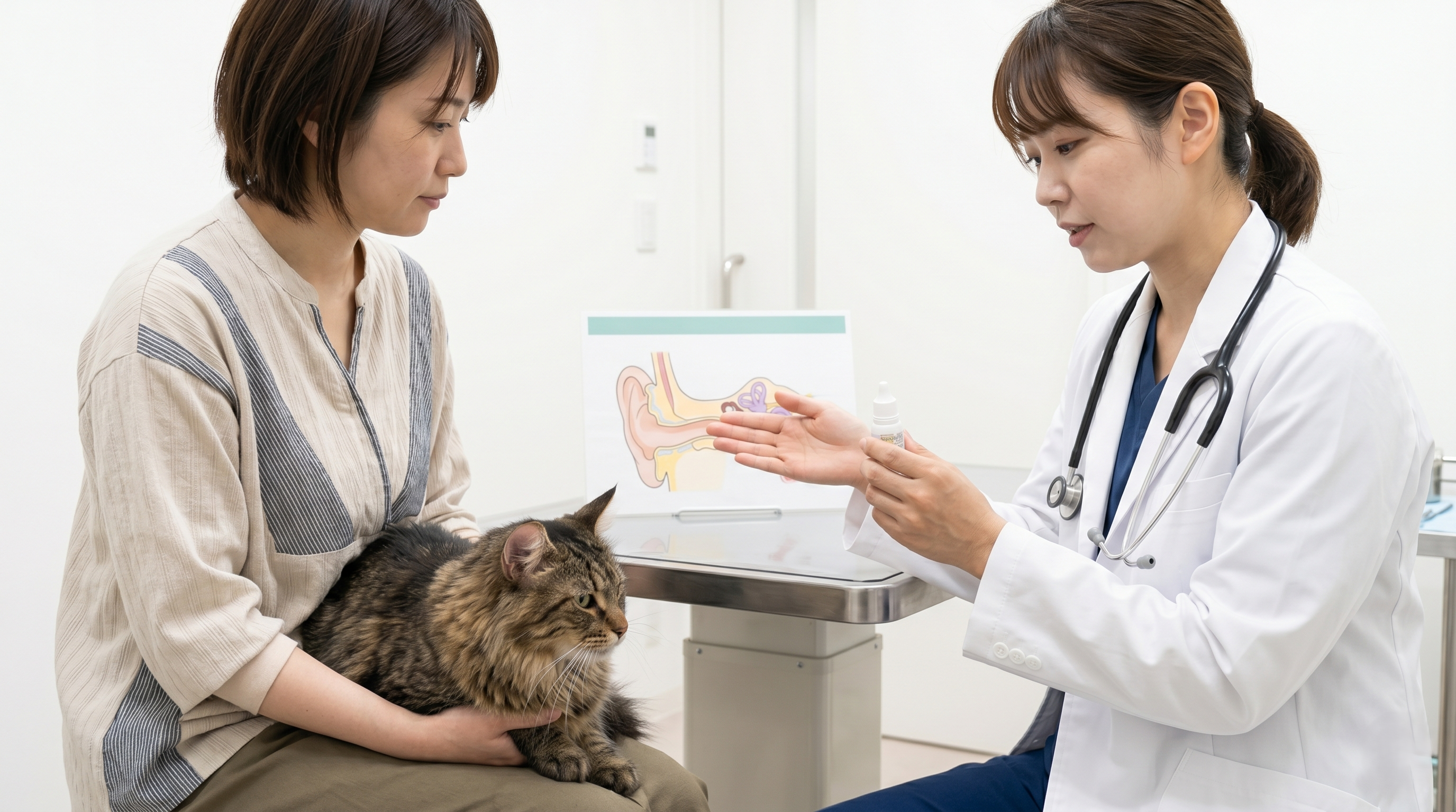 外耳炎で耳を掻く猫を動物病院で獣医師が診察している様子（実写風）