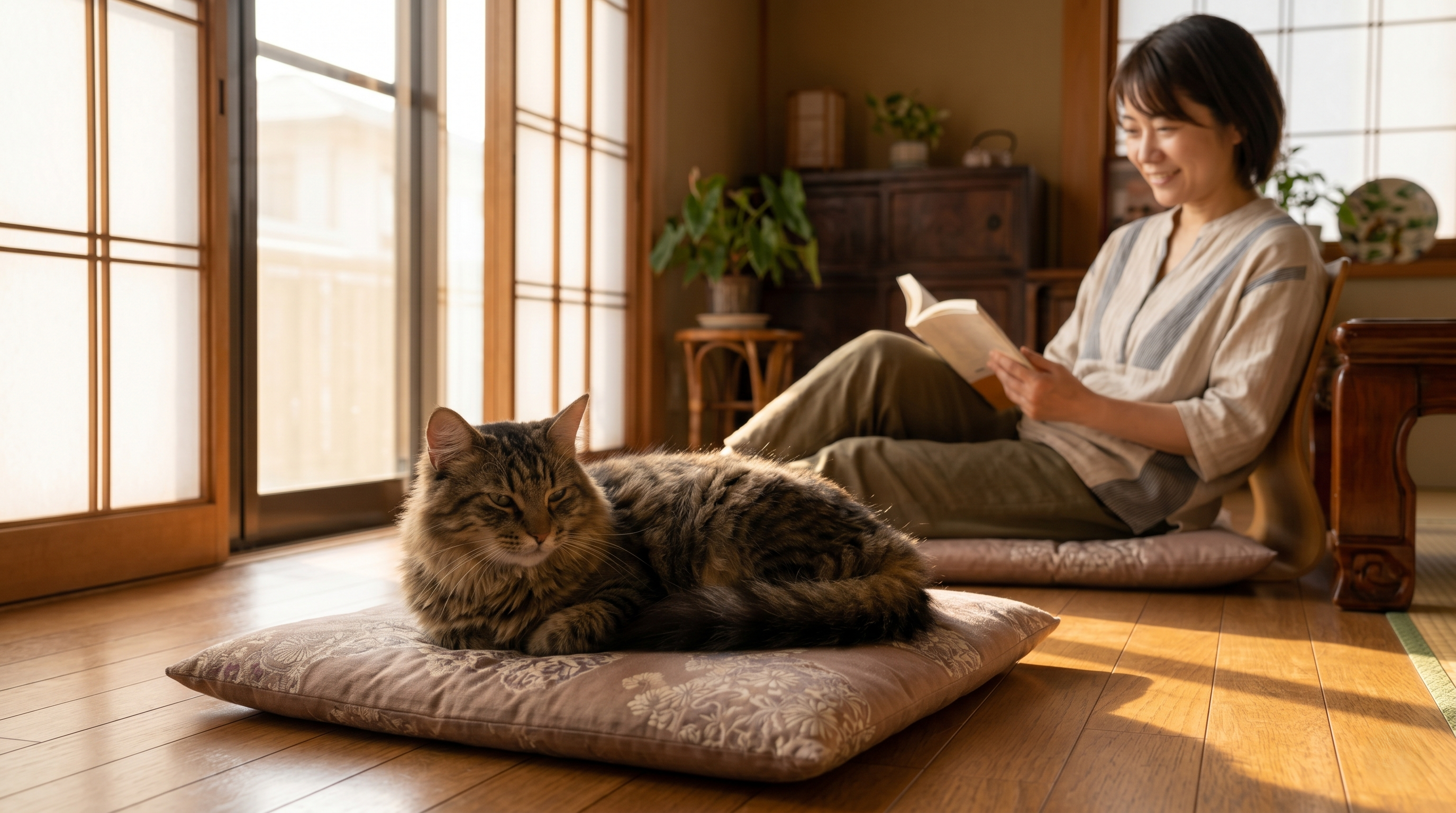 治療後に耳が回復した猫と安心した表情の日本人飼い主（実写風）