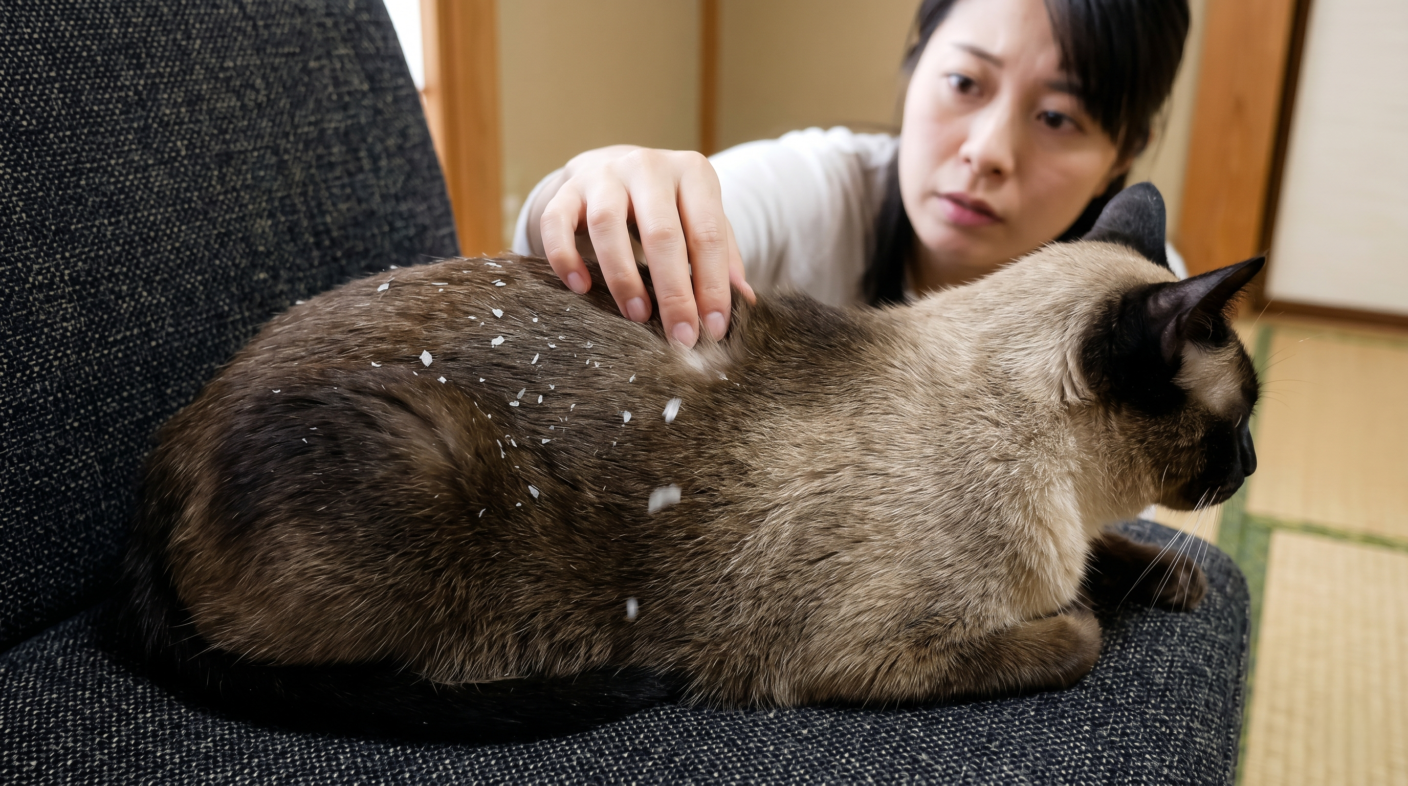 背中に白いフケが多量に付着した猫を日本人飼い主が観察している様子（実写風）