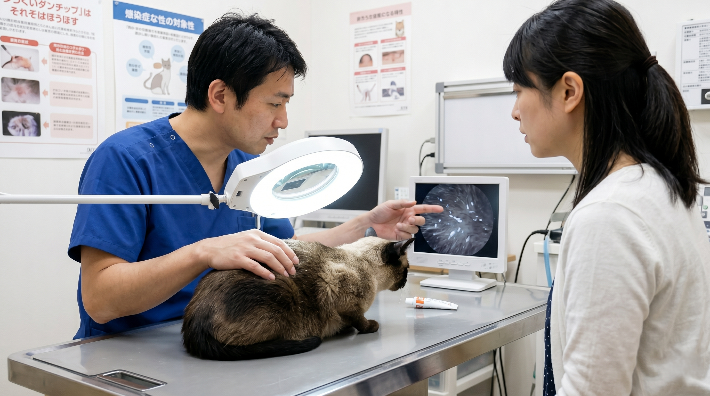 ツメダニが付着した猫が他の猫と接触している様子（実写風）