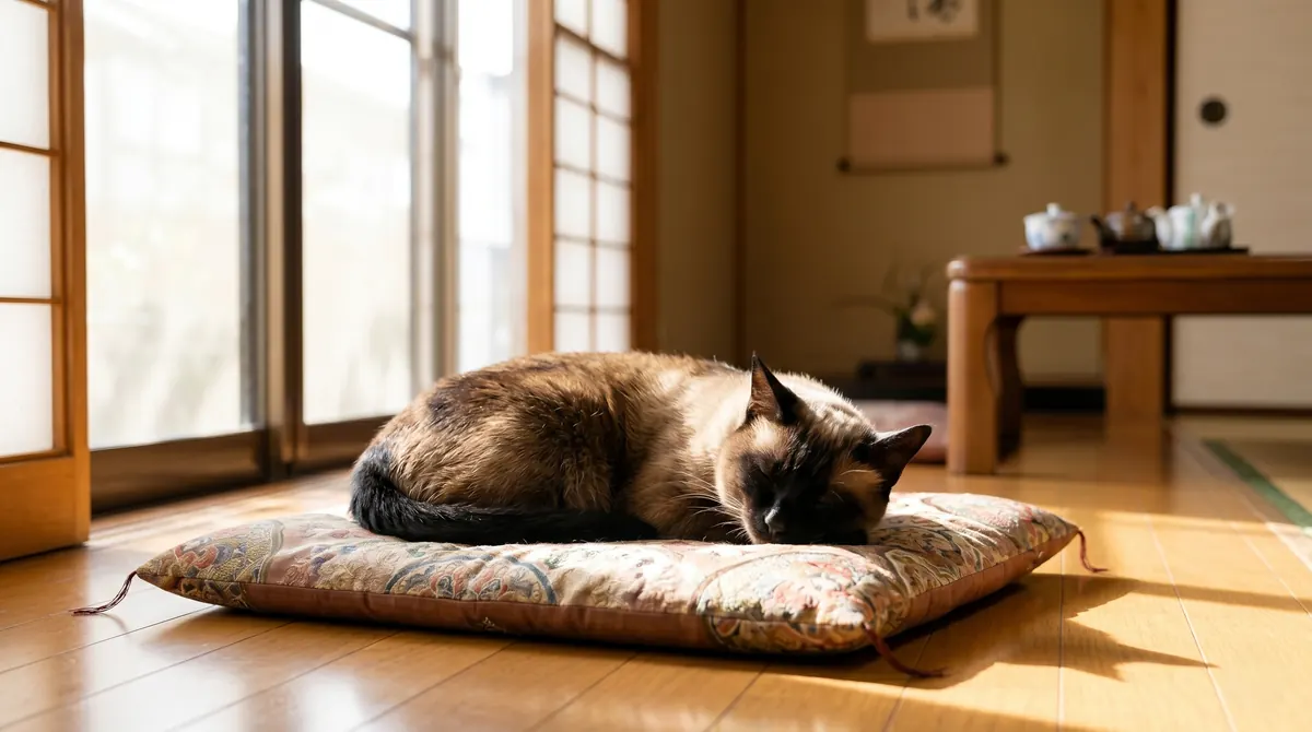 治療後に皮膚が回復した猫を笑顔で抱く日本人飼い主（実写風）