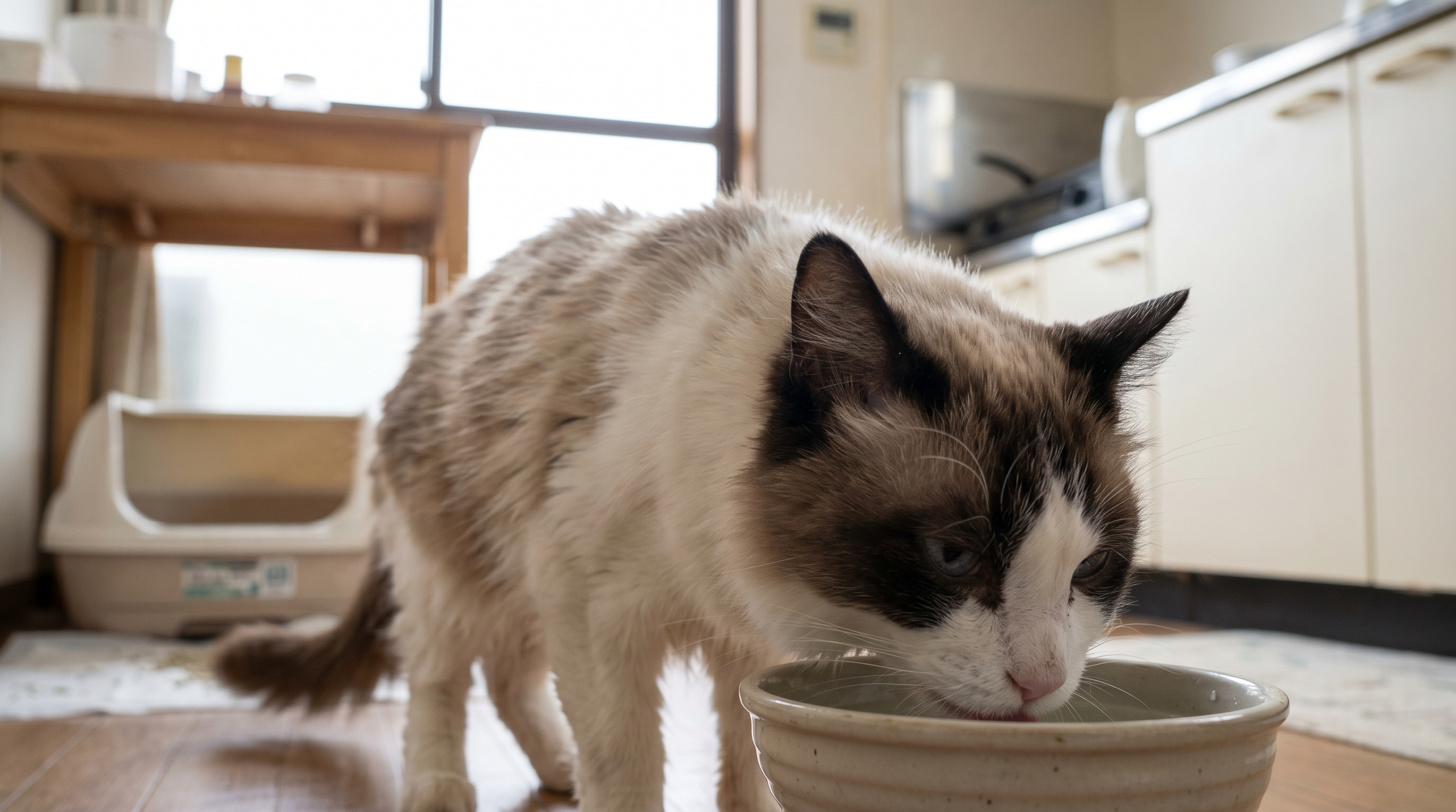 水をたくさん飲んでいる猫を心配そうに観察している日本人飼い主（実写風）