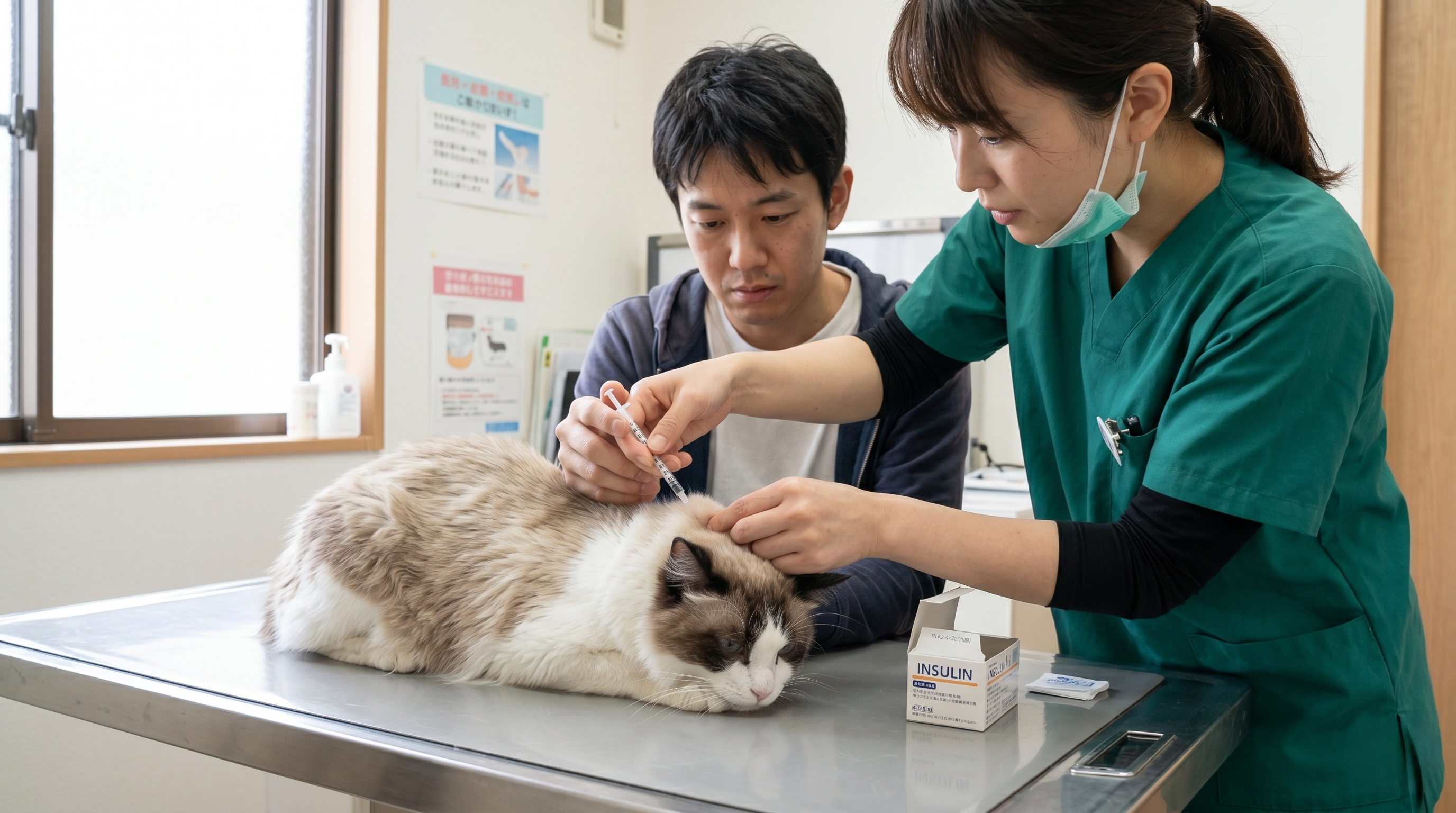 肥満体型の猫を体重計で計測している動物病院の様子（実写風）