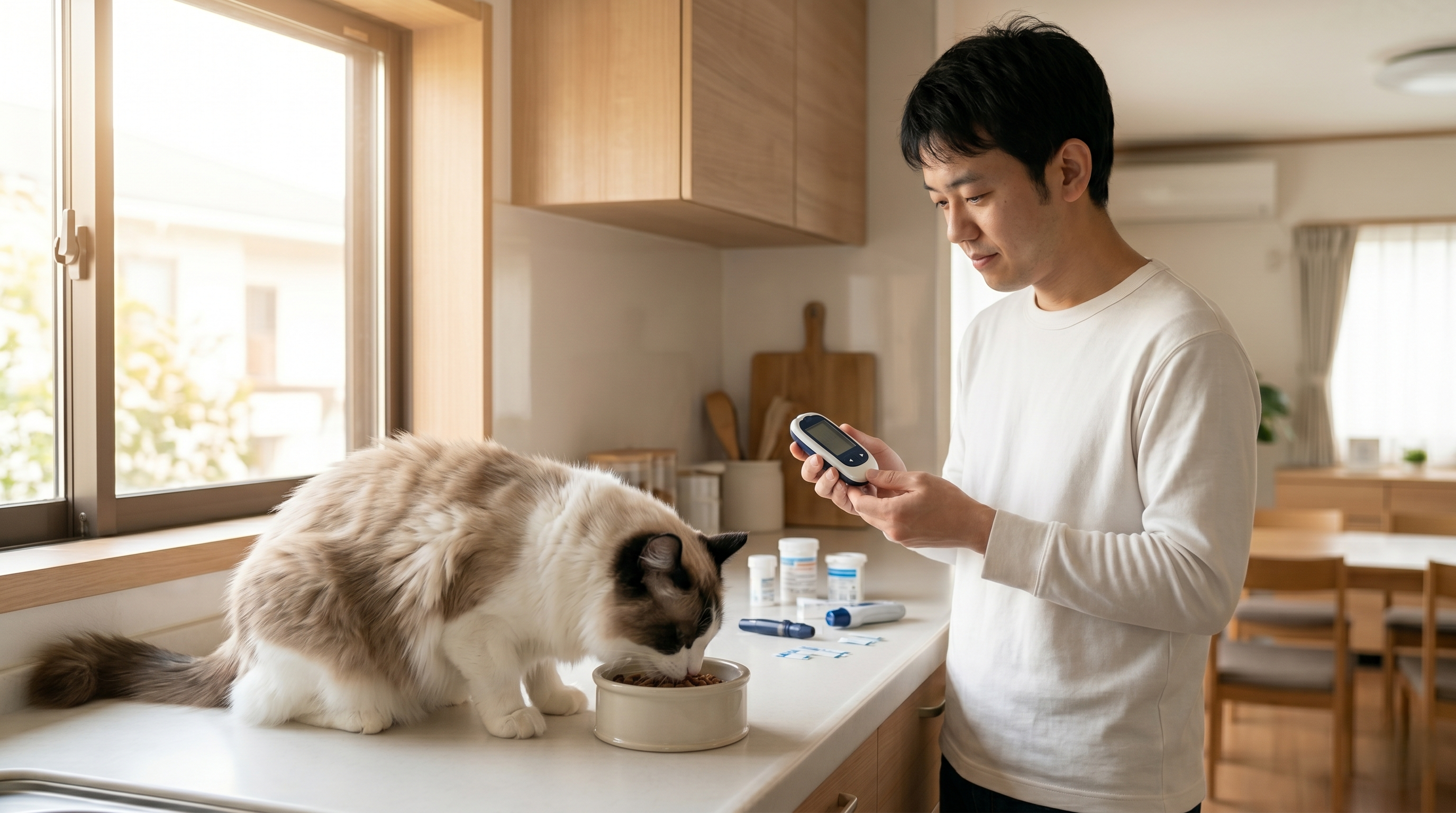 インスリン注射の準備をしながら猫と穏やかに過ごす日本人飼い主（実写風）