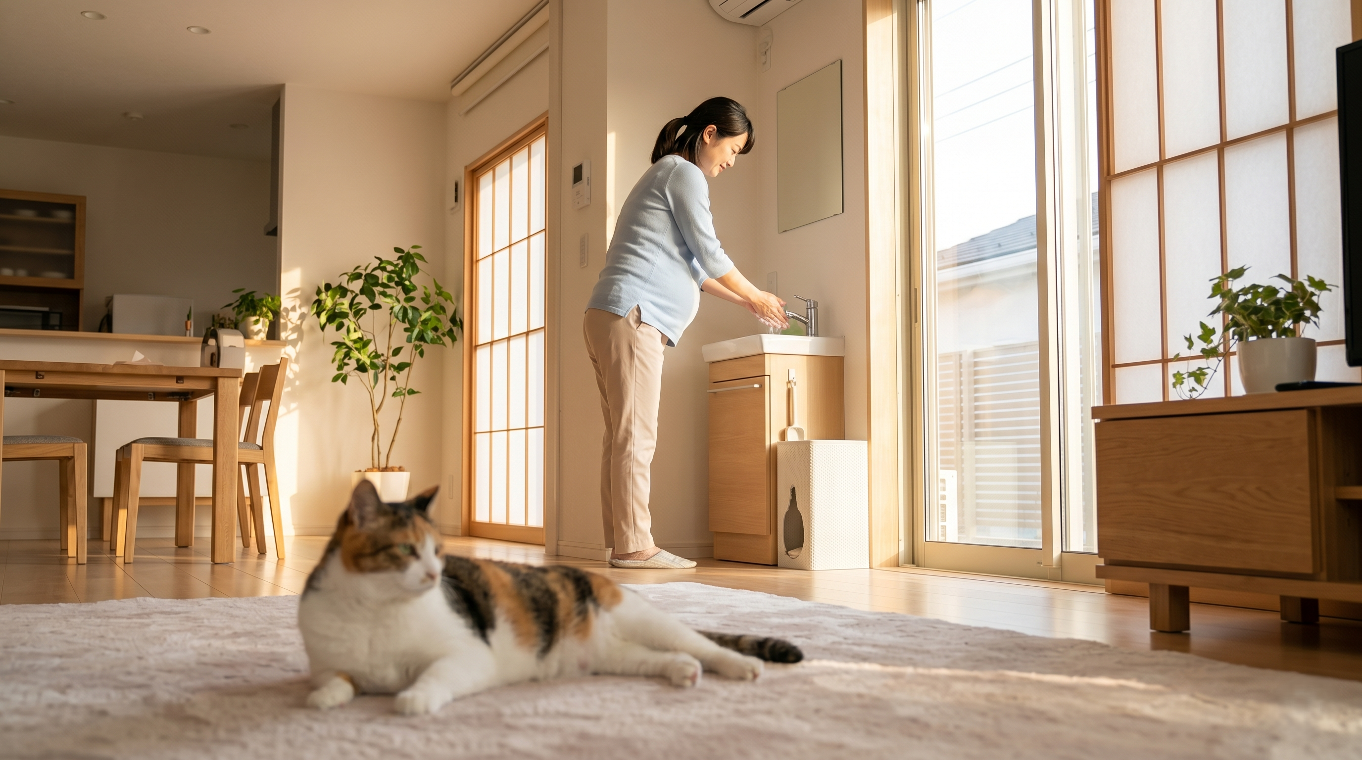 室内で猫と安全に暮らす日本人家族（実写風）