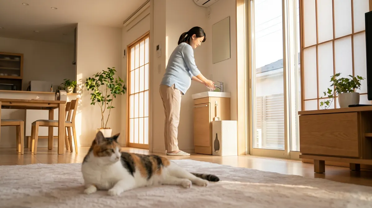室内で猫と安全に暮らす日本人家族（実写風）