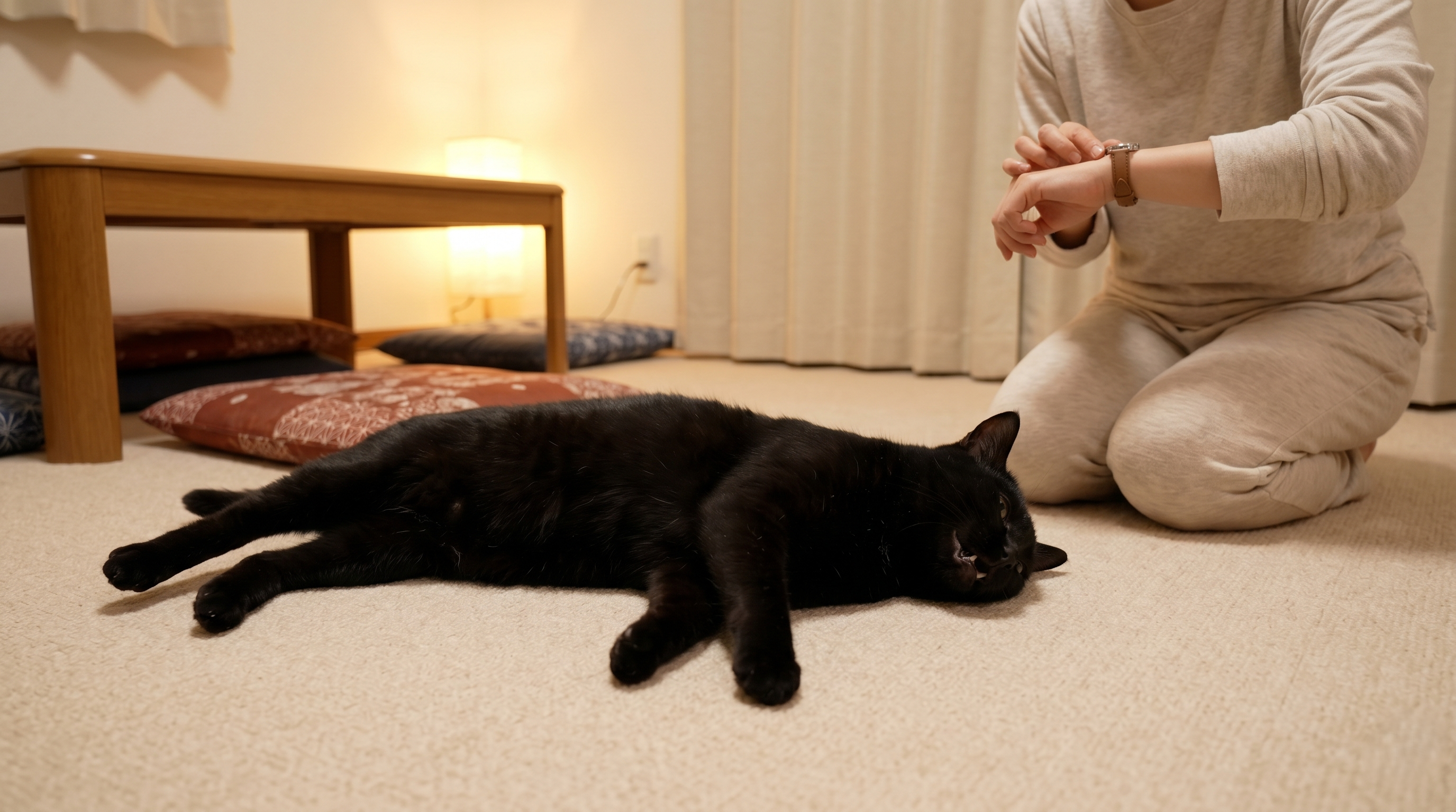 けいれん発作後にぐったりしている猫を心配そうに見守る日本人飼い主（実写風）