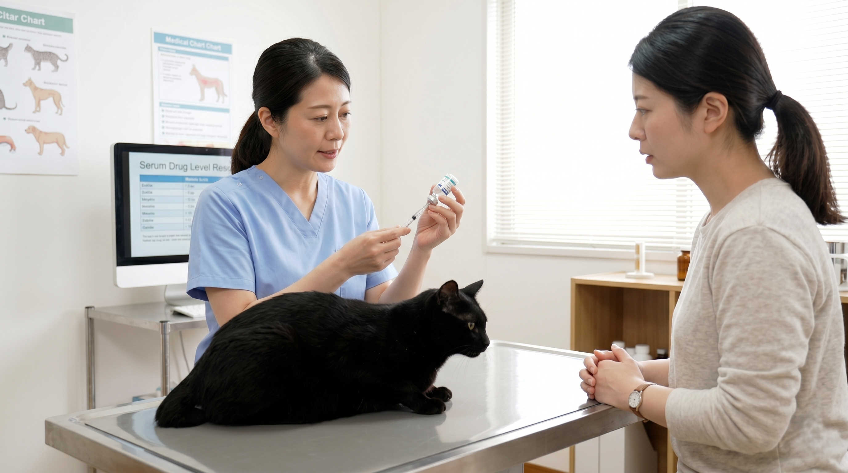 猫の脳をMRI検査している動物病院の様子（実写風）