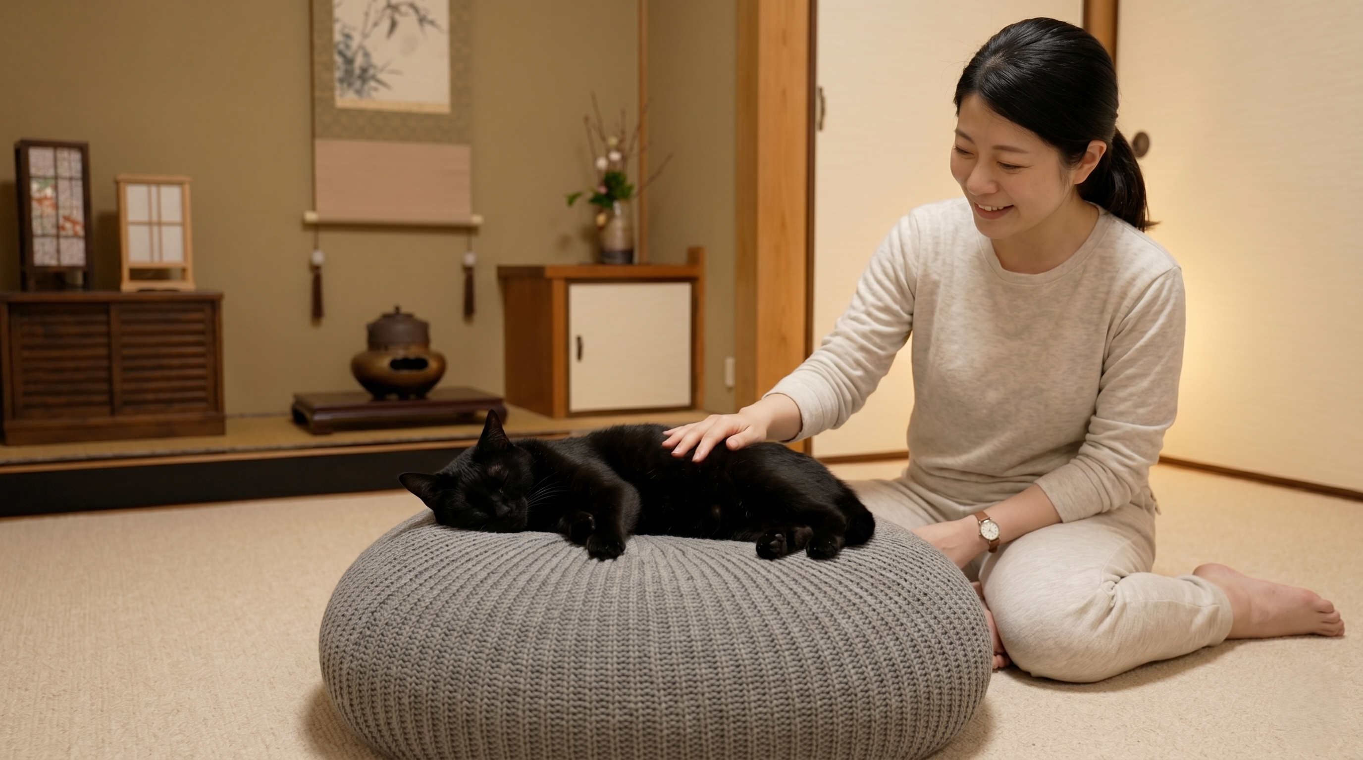 抗てんかん薬を投与しながら穏やかに生活している猫と日本人飼い主（実写風）