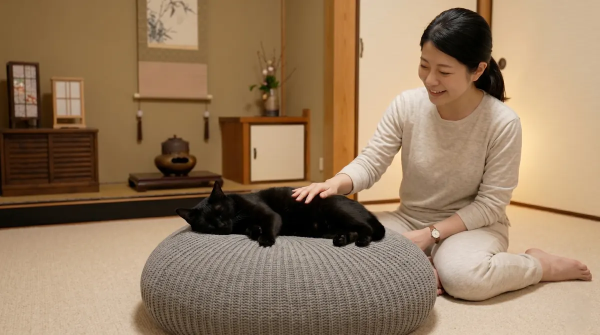 抗てんかん薬を投与しながら穏やかに生活している猫と日本人飼い主（実写風）