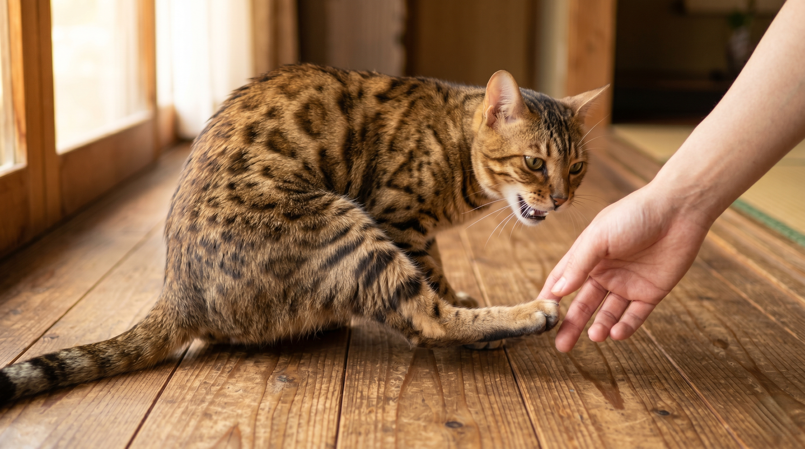 後足をかばって歩く猫の様子（実写風）
