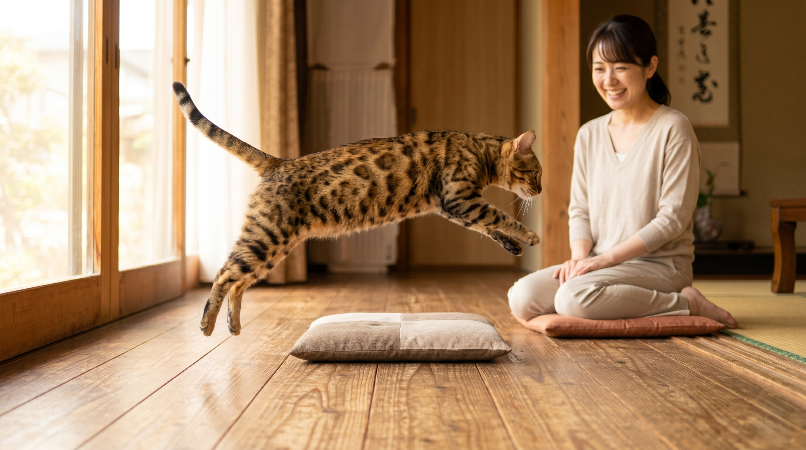 動物病院で猫の後足を検査する獣医師と見守る飼い主（実写風）