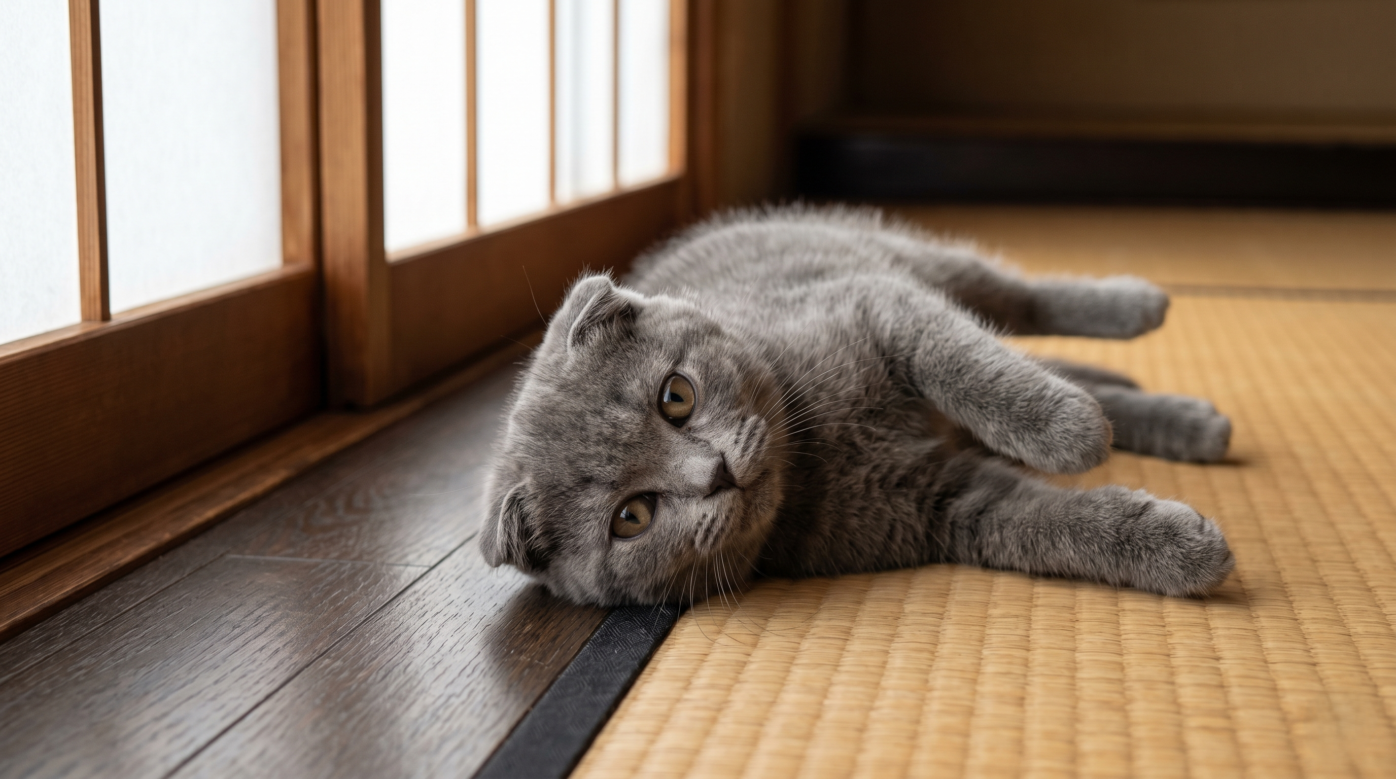 頭を傾けた状態でうずくまっている猫（実写風）
