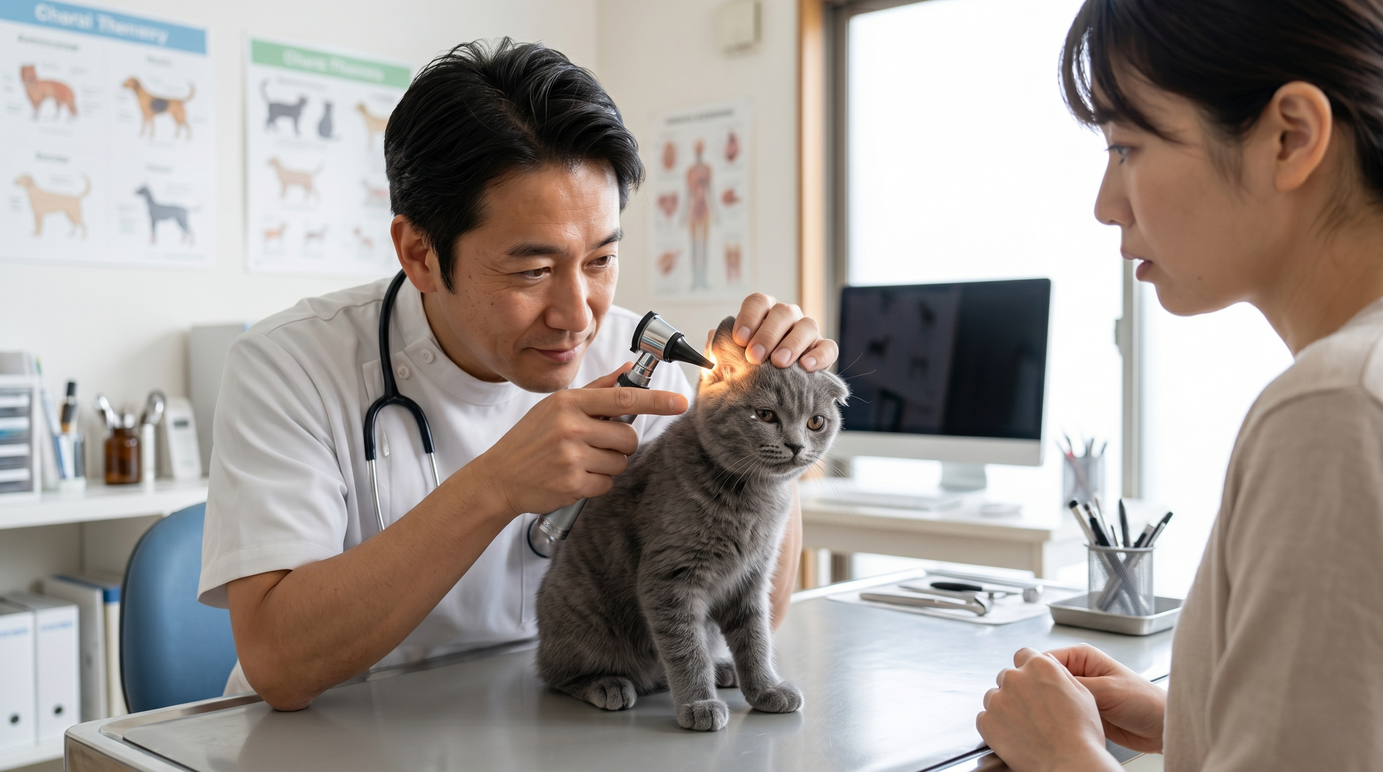 耳を診察される猫と処置を行う獣医師（実写風）