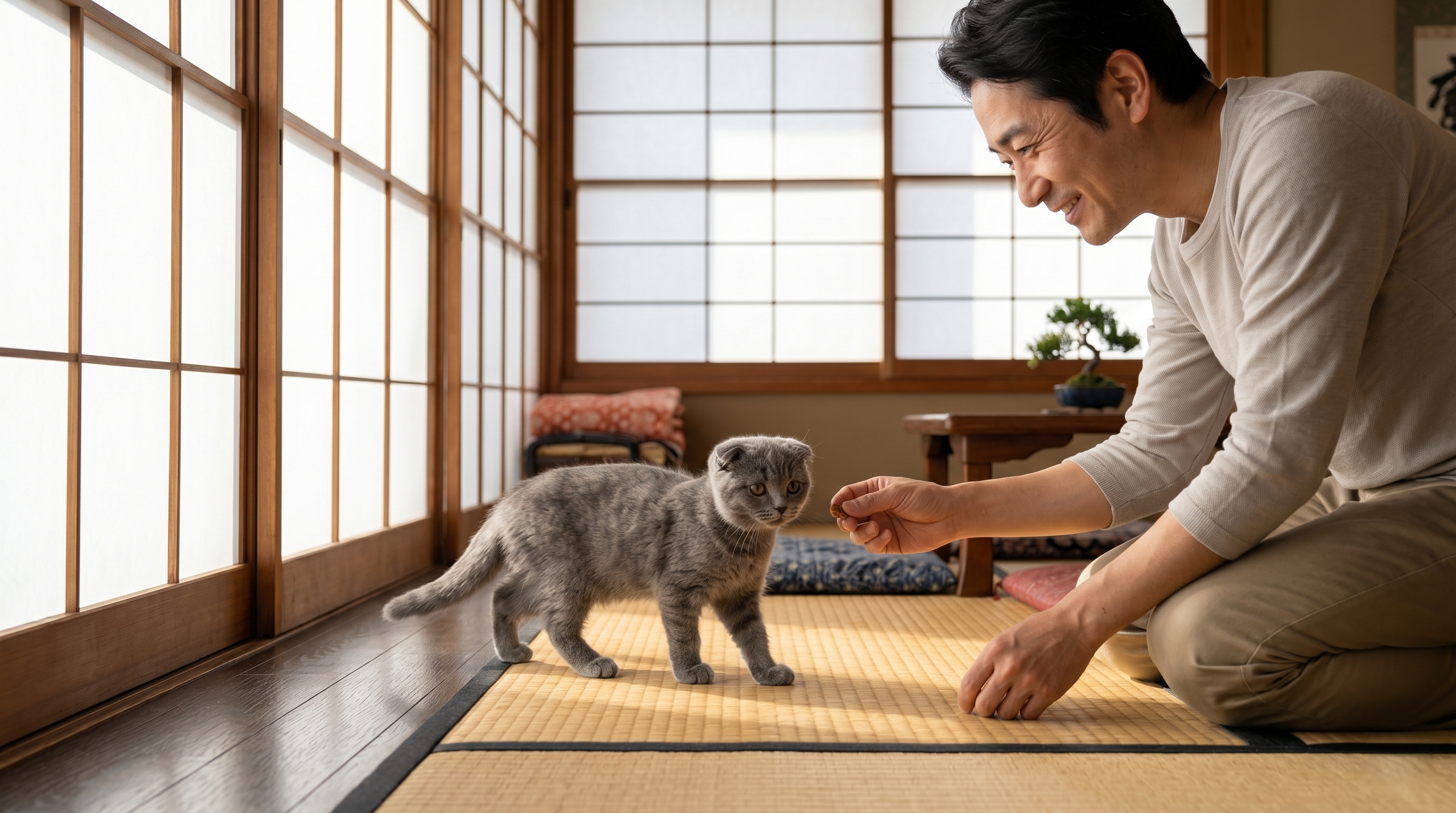 動物病院で耳の検査を受ける猫と安心する飼い主（実写風）