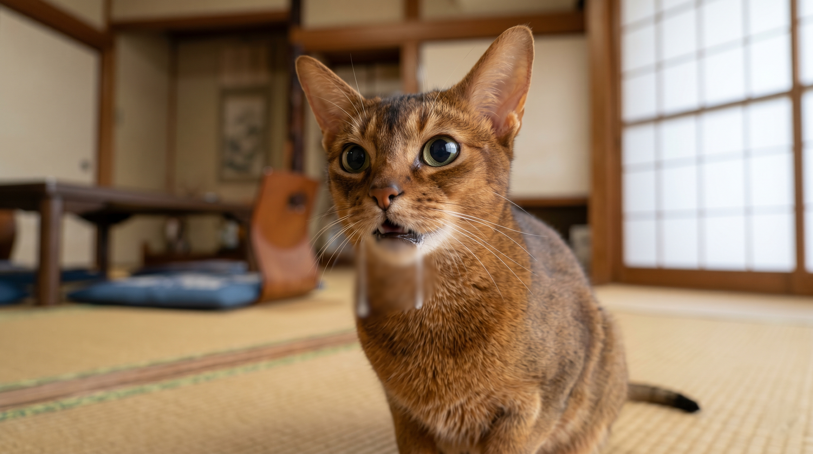 ぐったりして横になる猫とそばで心配する飼い主（実写風）