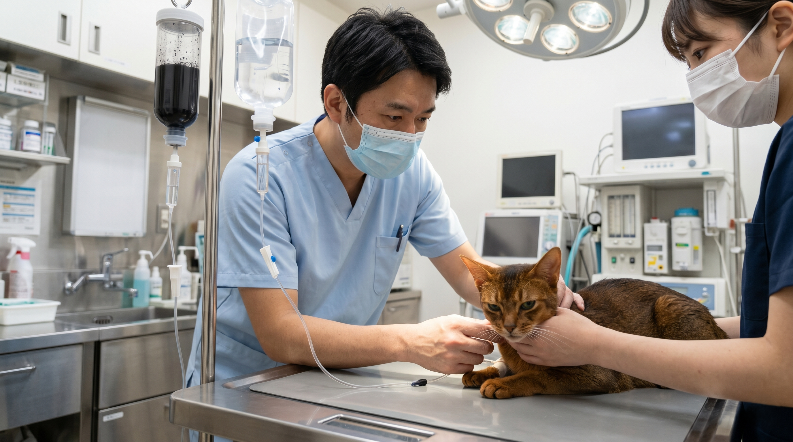 テーブルの上の食べ物に近づこうとする猫と制止する飼い主（実写風）