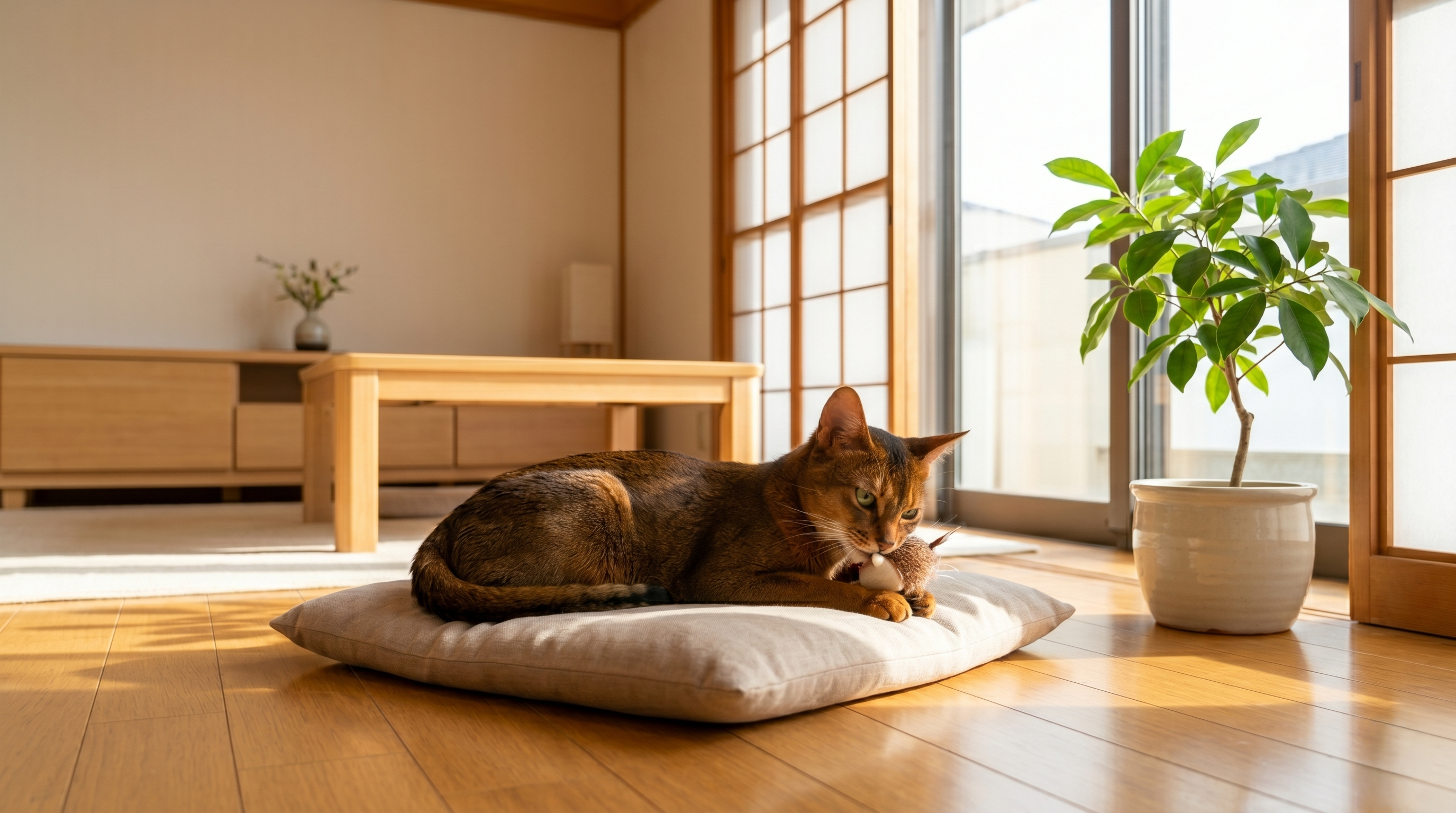 動物病院で点滴治療を受ける猫と付き添う飼い主（実写風）