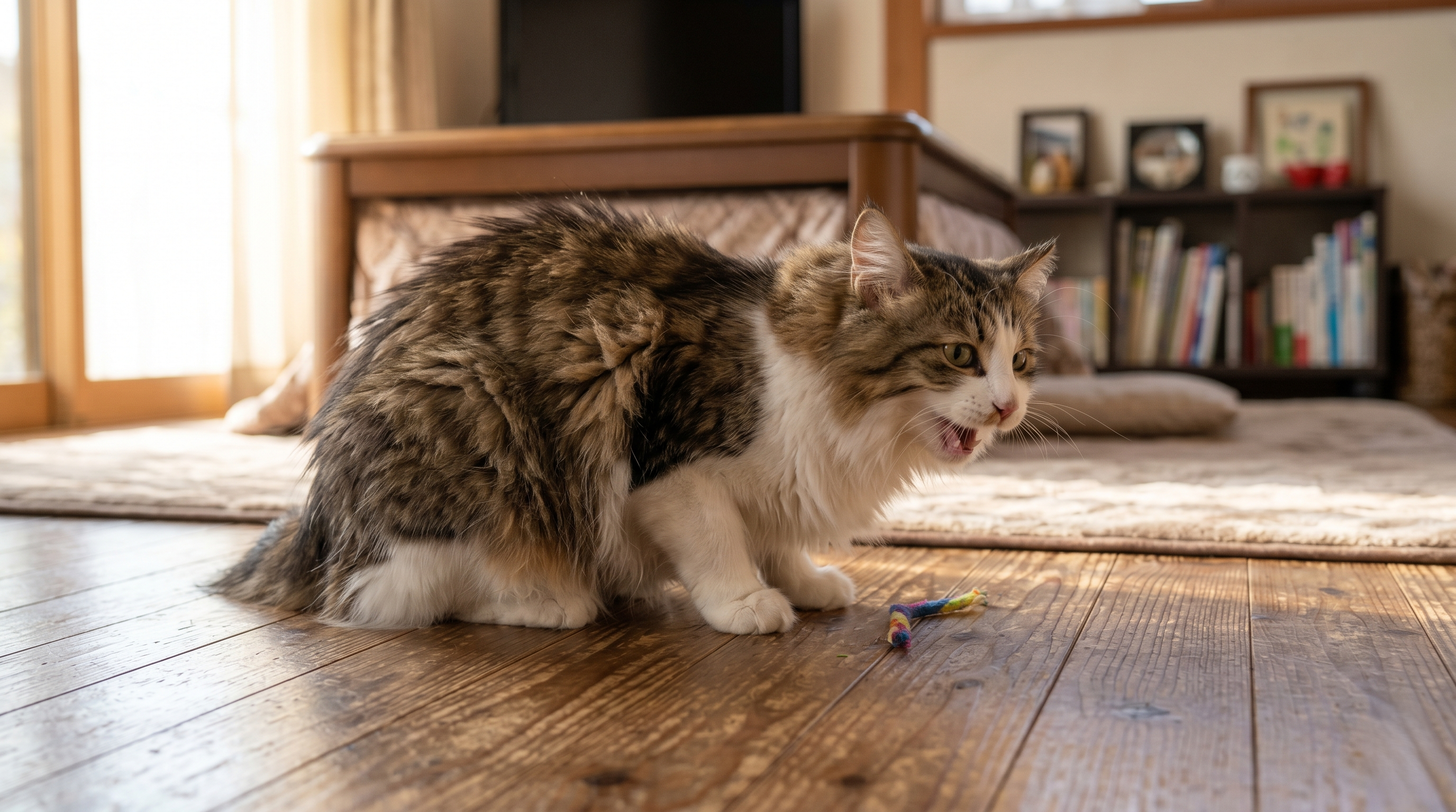 腹部を丸めてうずくまる猫と心配する飼い主（実写風）