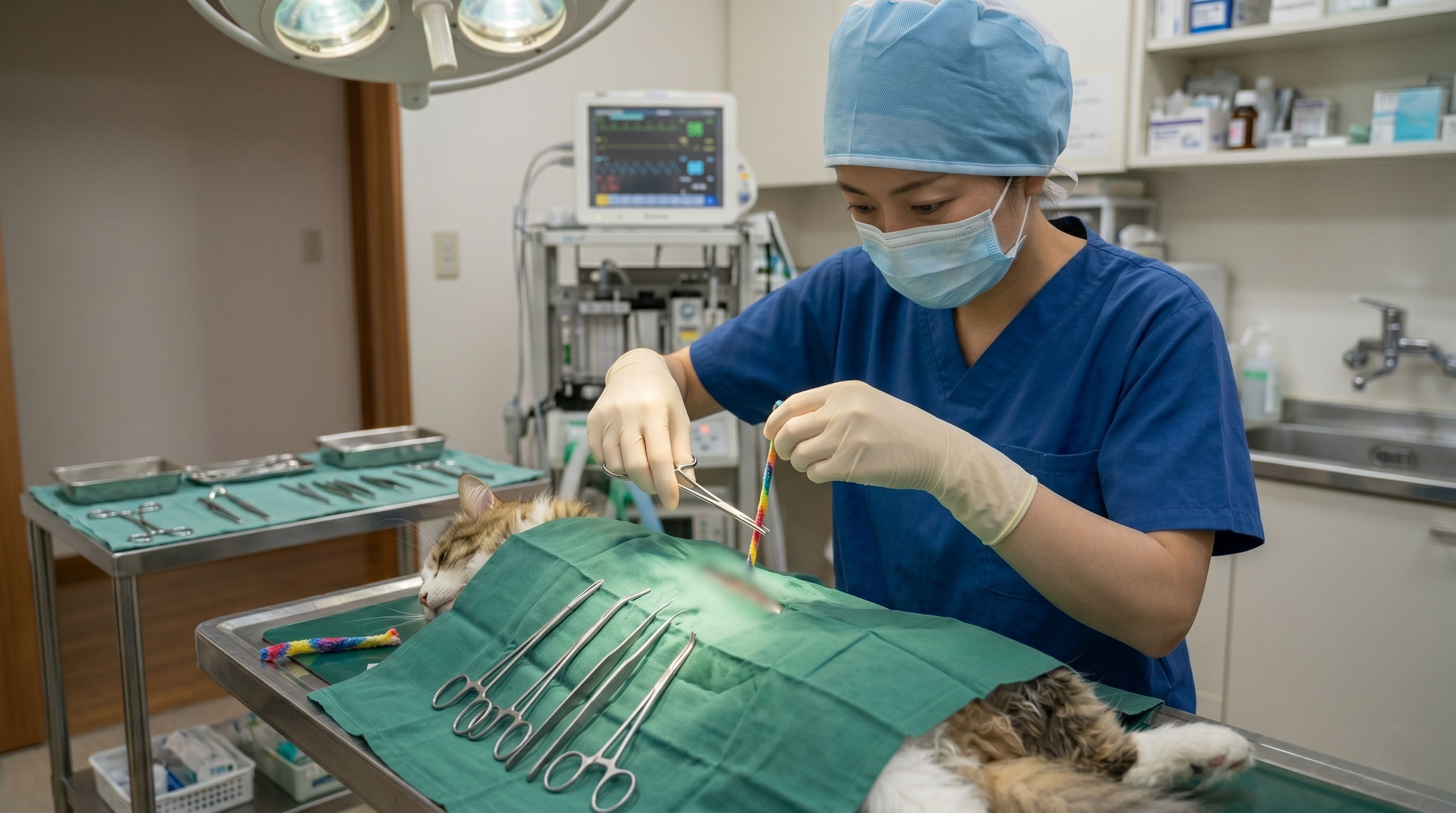ひも状のおもちゃで遊ぶ猫と見守る飼い主（実写風）