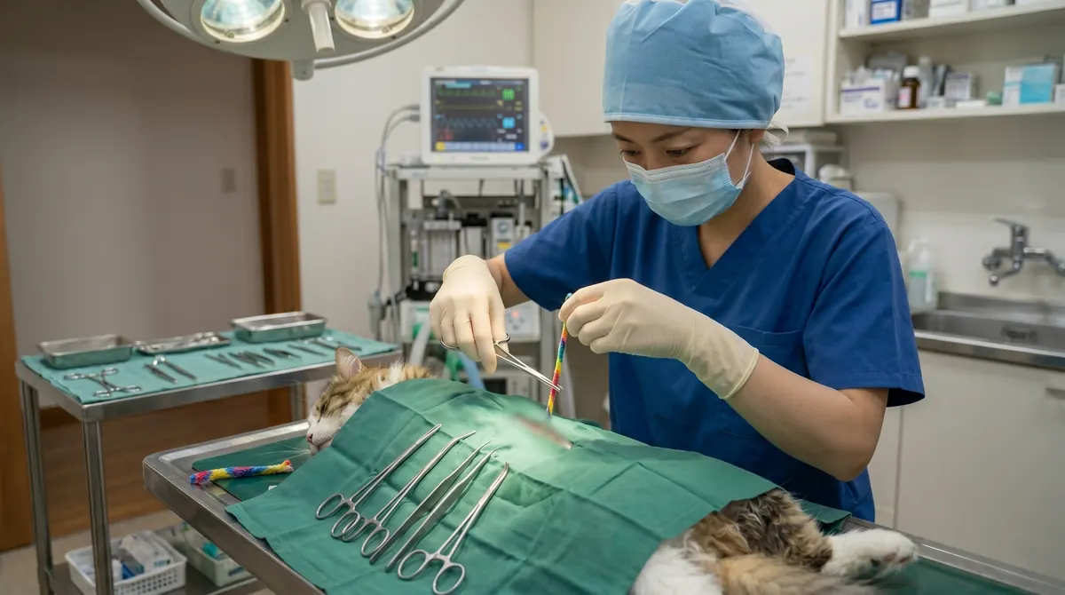 ひも状のおもちゃで遊ぶ猫と見守る飼い主（実写風）