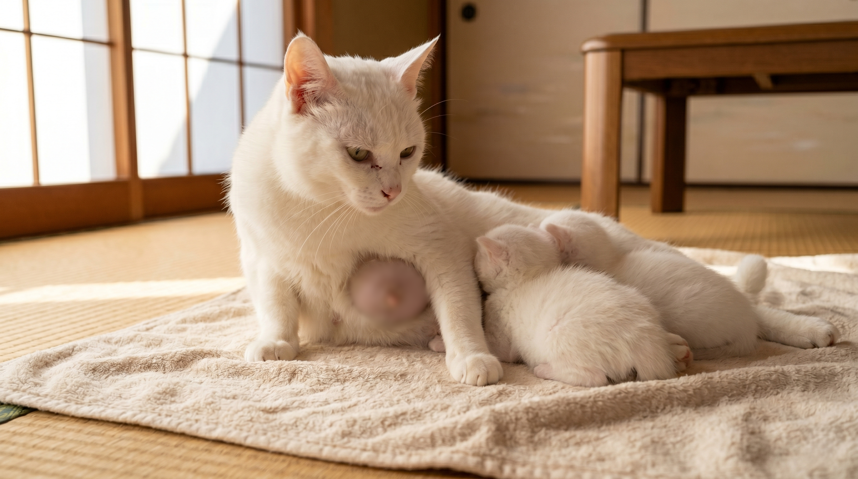 子猫に授乳する母猫の様子を観察する飼い主（実写風）