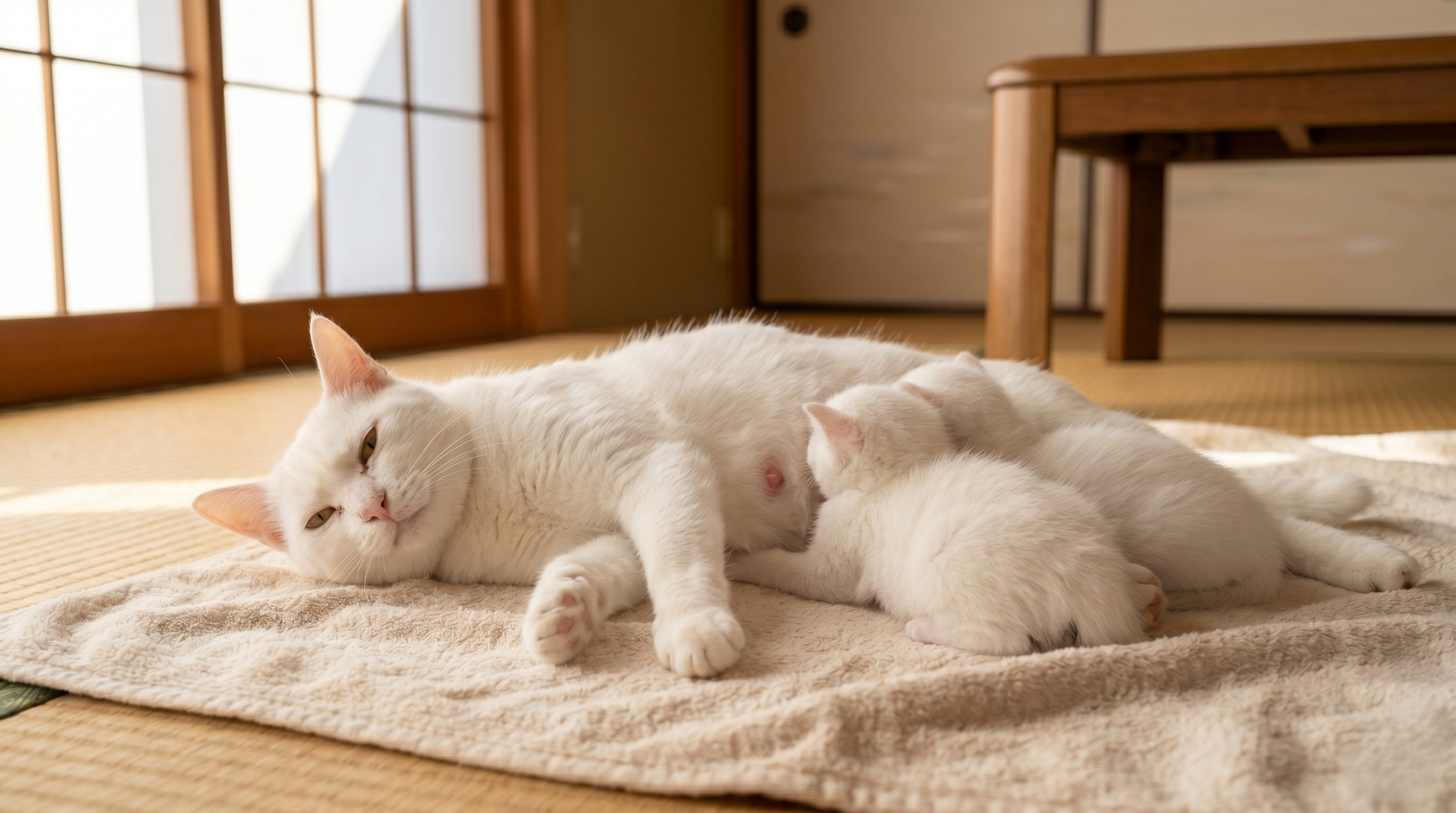動物病院で乳房を診察される母猫（実写風）